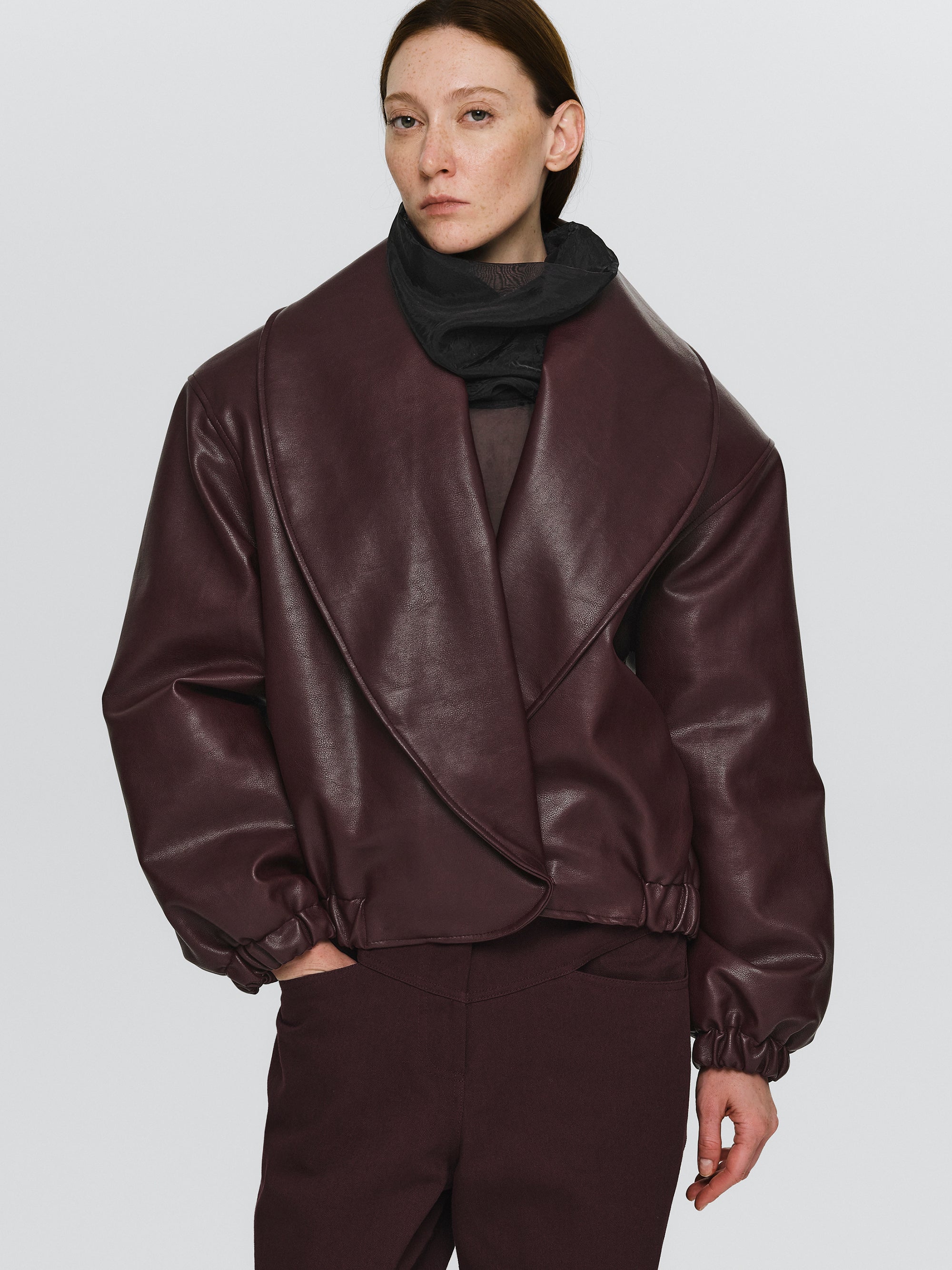 Opera Collar Faux-Leather Bomber Jacket, Burgundy