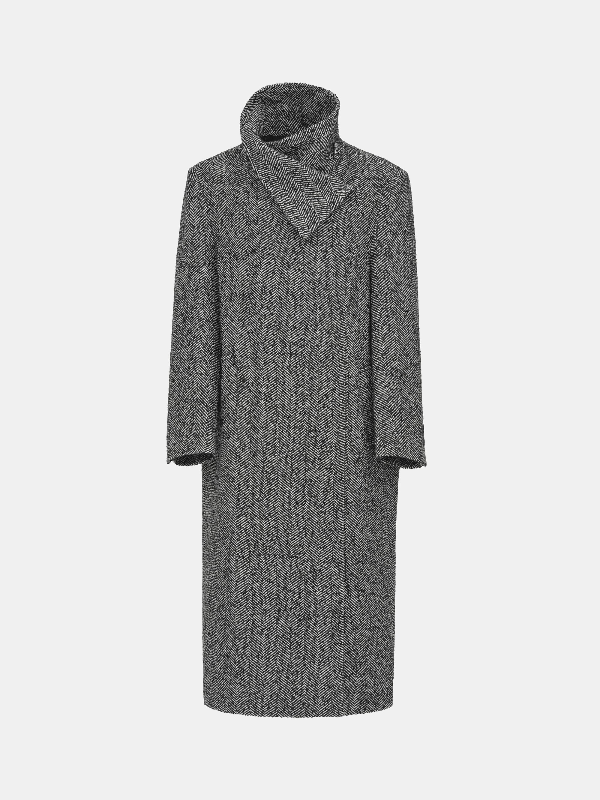 Shawl-Collar Herringbone Coat, Black