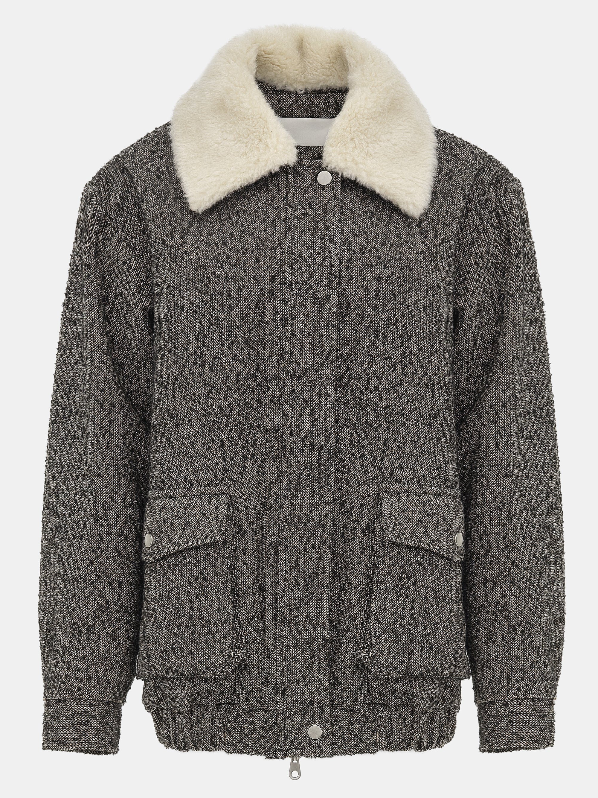 Shearling Collar Wool Bomber Jacket, Black