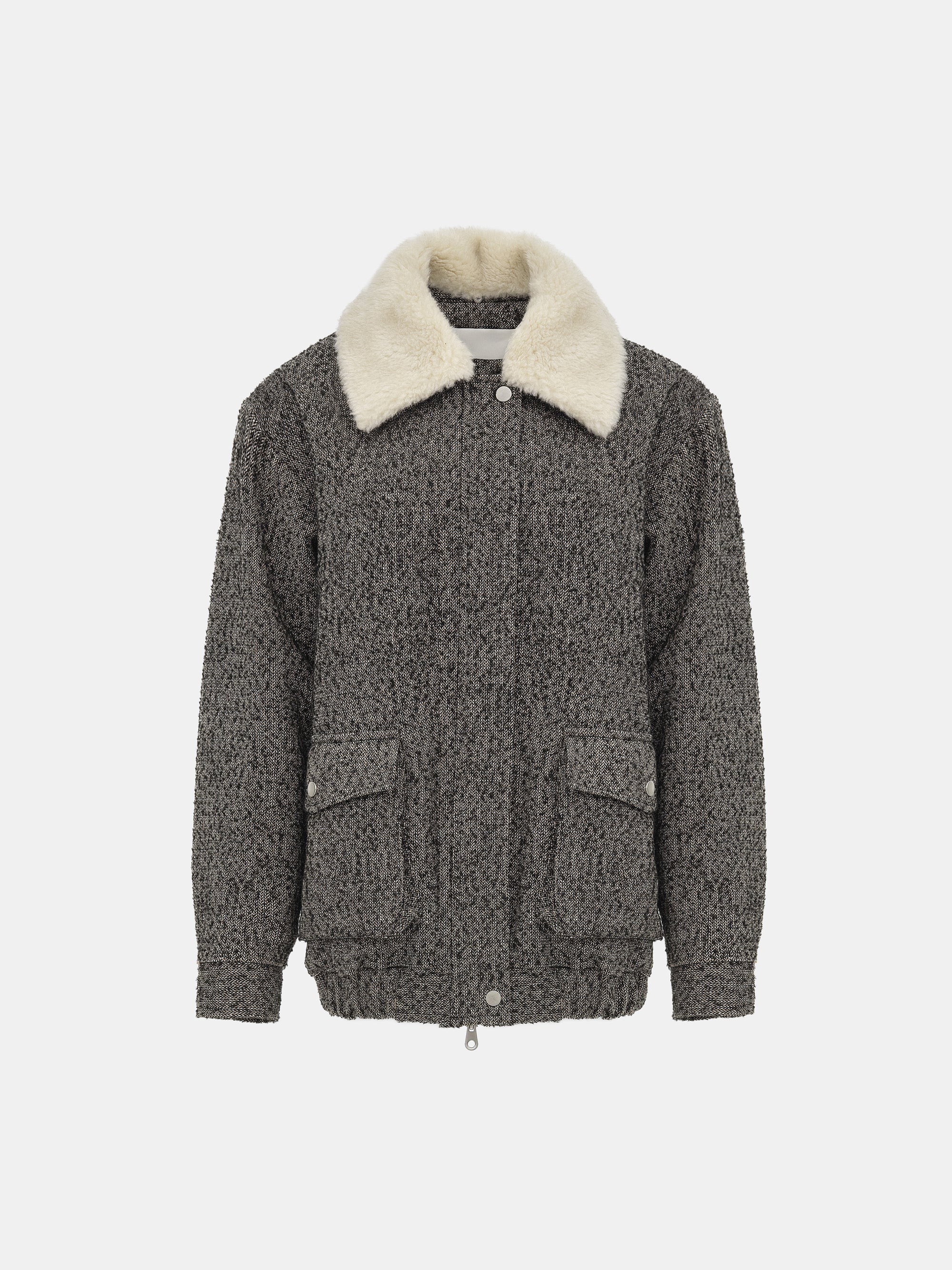 Shearling Collar Wool Bomber Jacket, Black