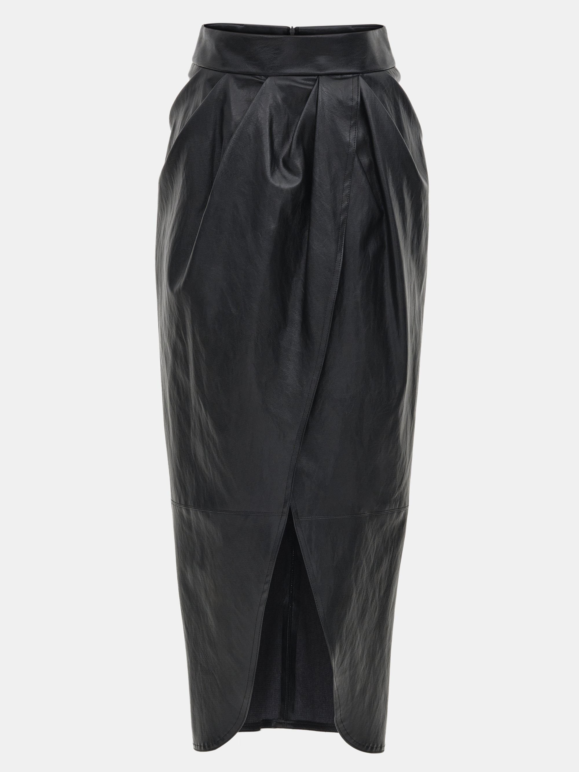 Faux-Leather Ruched Skirt, Black