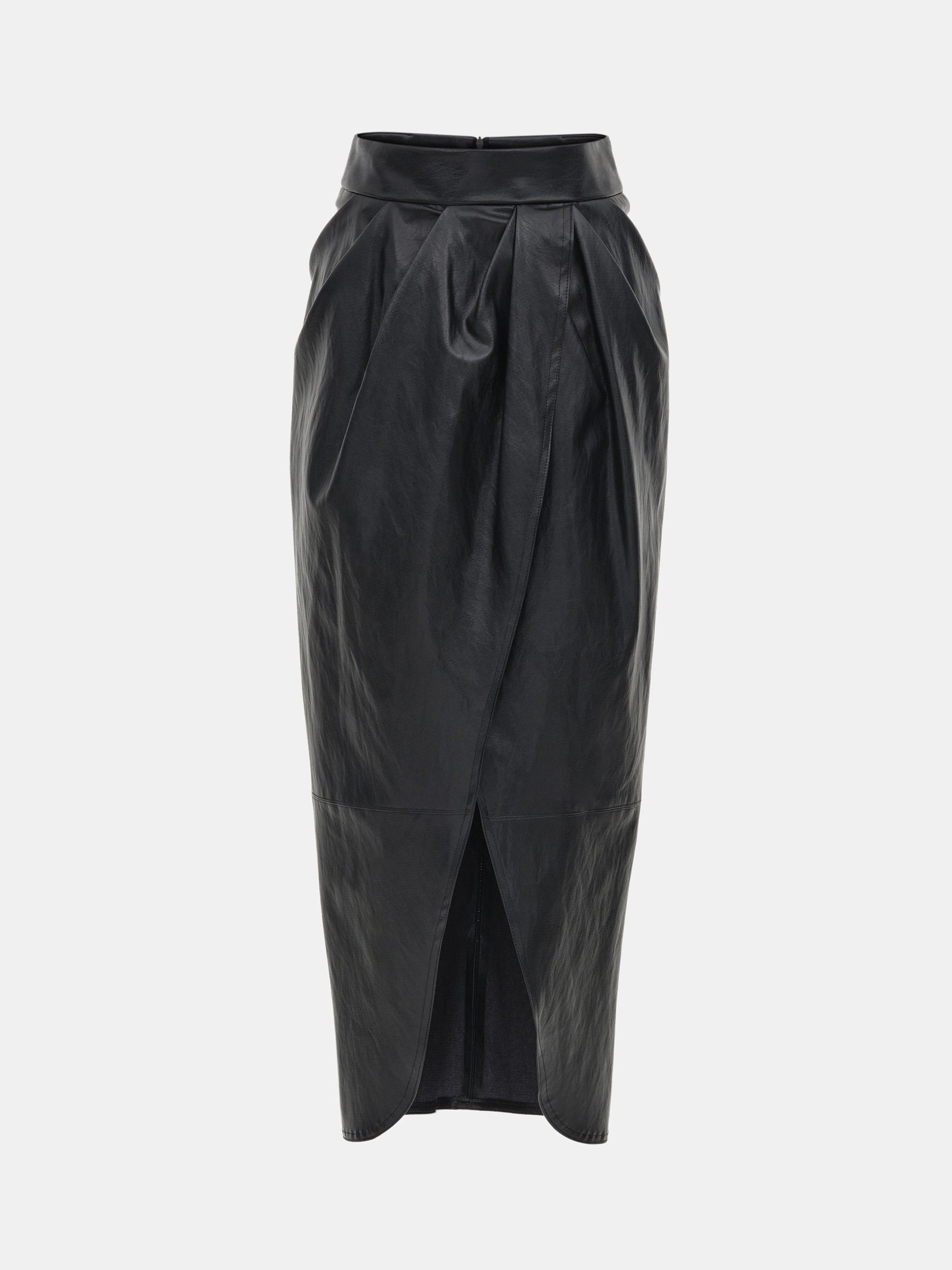 Faux-Leather Ruched Skirt, Black