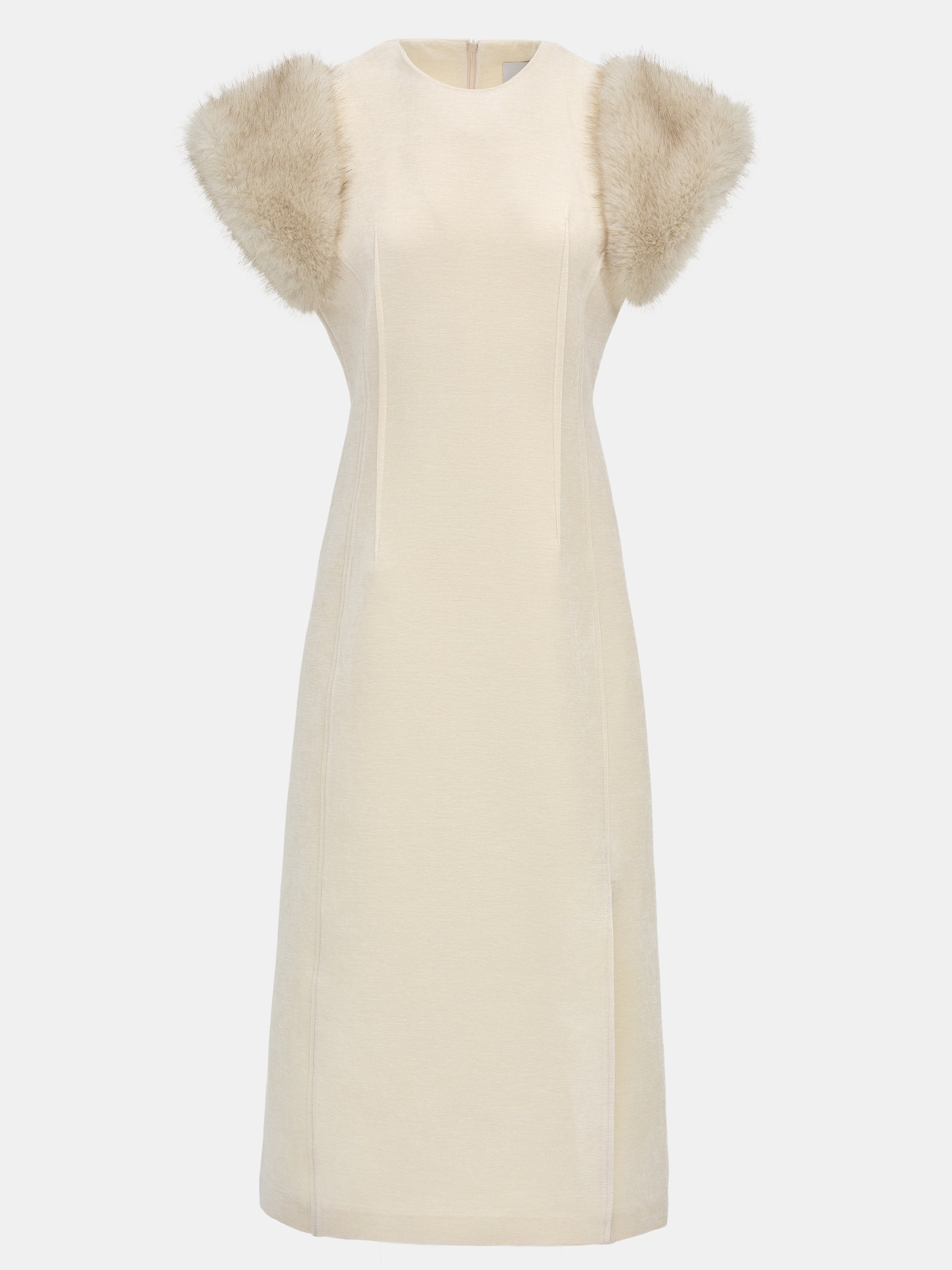 Faux-Fur Sleeve Dress, Beige