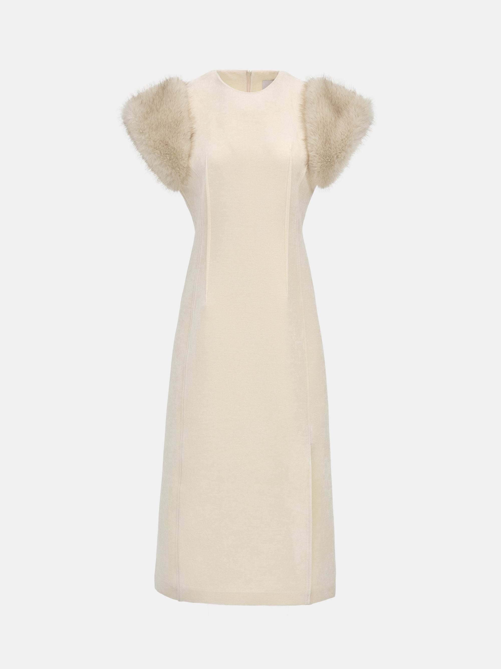 Faux-Fur Sleeve Dress, Beige