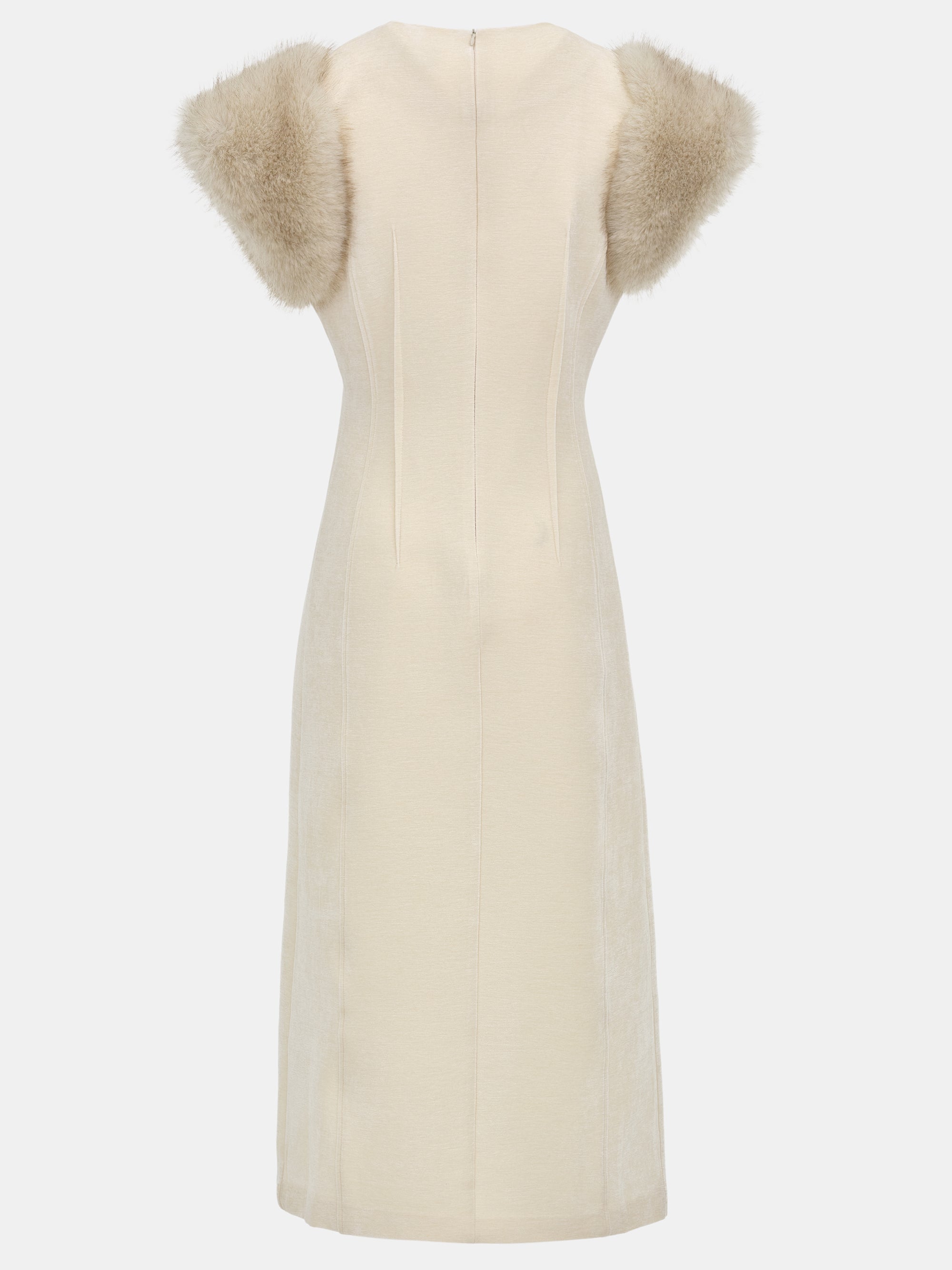 Faux-Fur Sleeve Dress, Beige