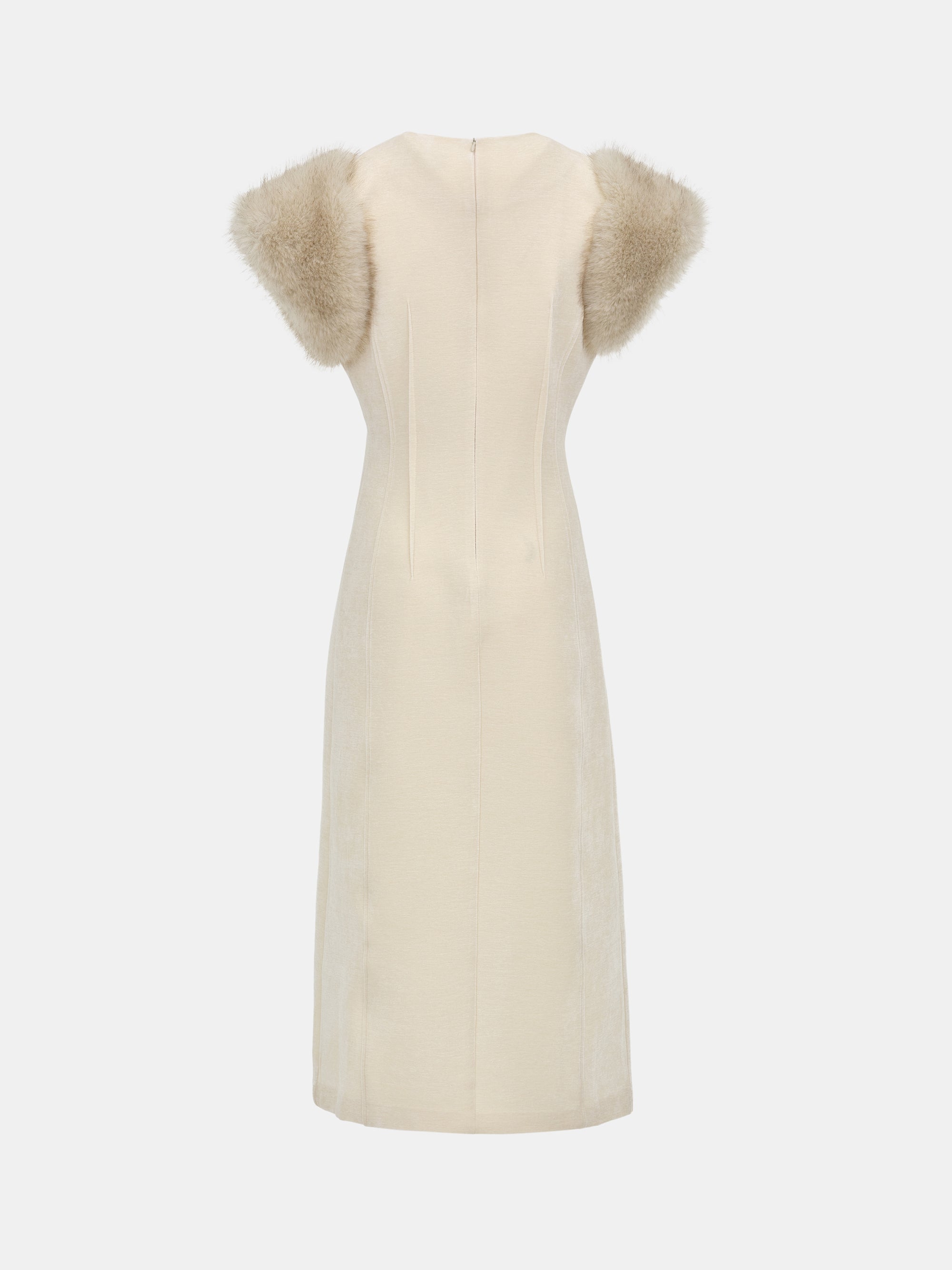 Faux-Fur Sleeve Dress, Beige