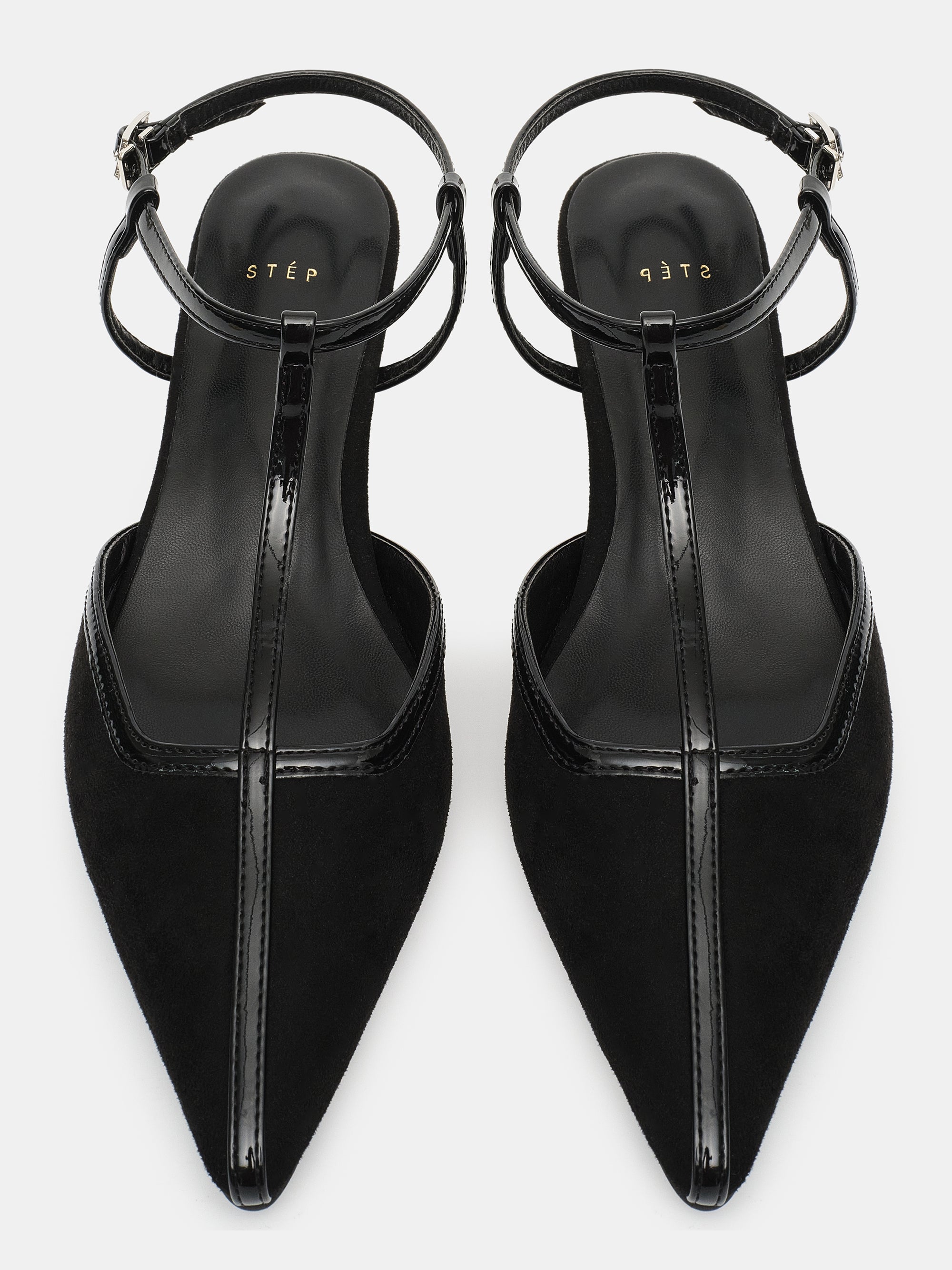 T-Strap Suede Slingback Heels, Black