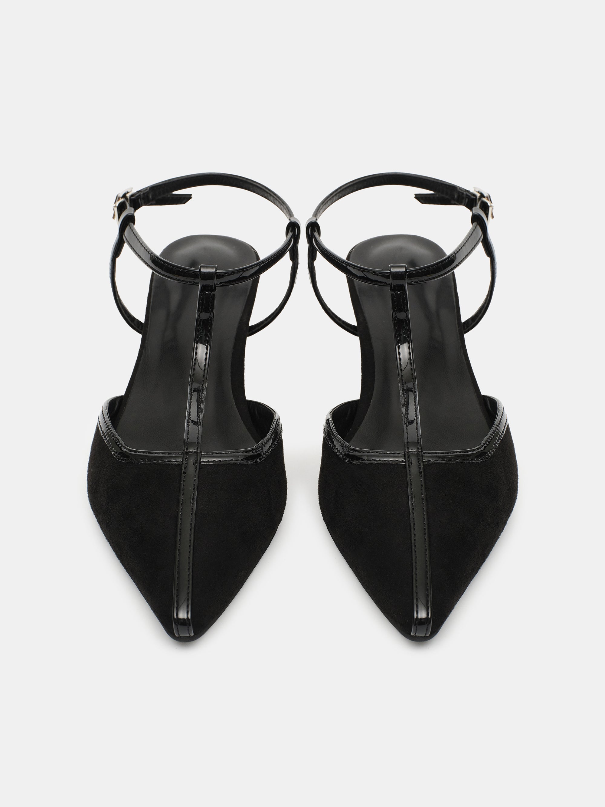 T-Strap Suede Slingback Heels, Black
