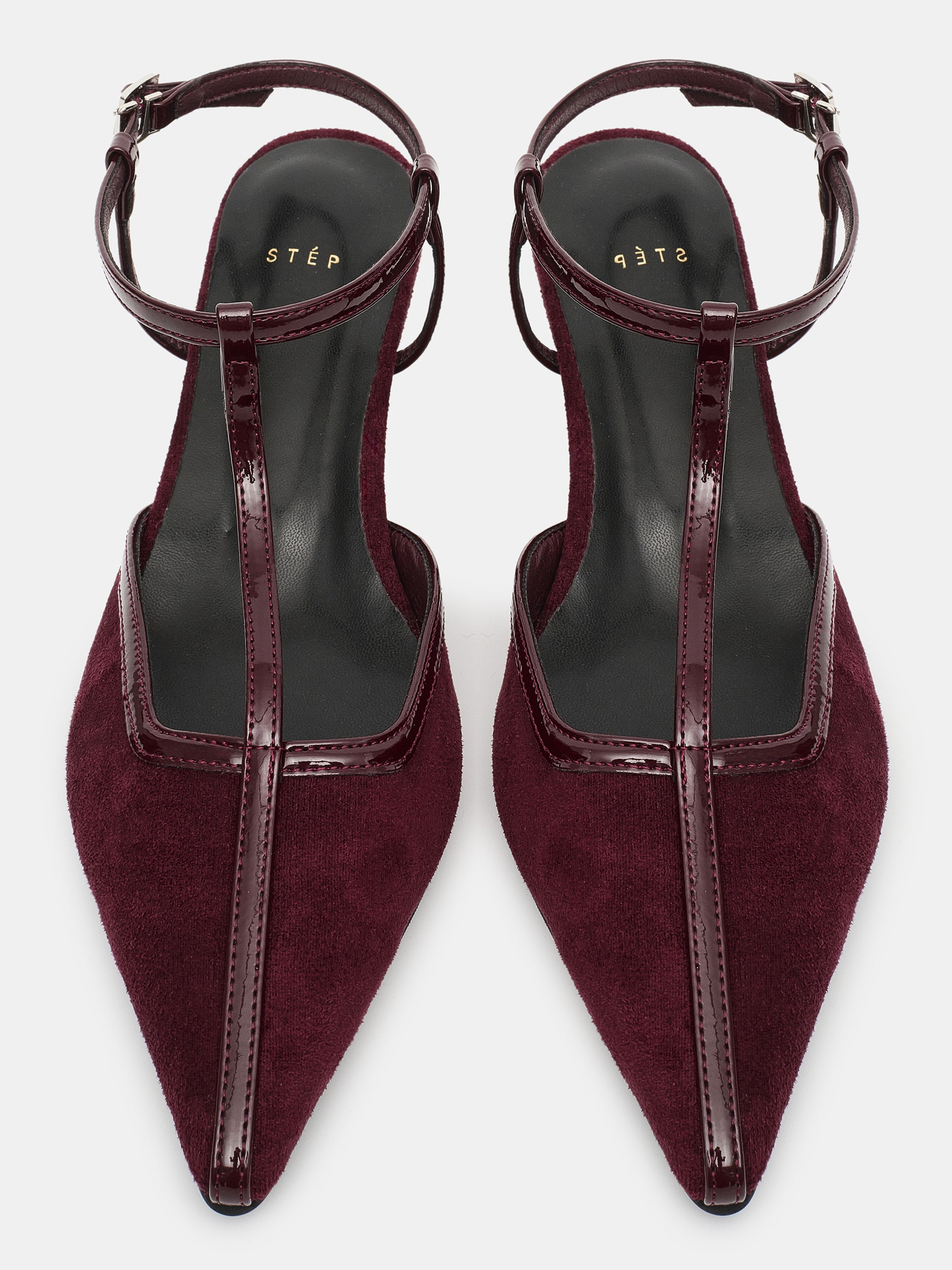 T-Strap Suede Slingback Heels, Plum