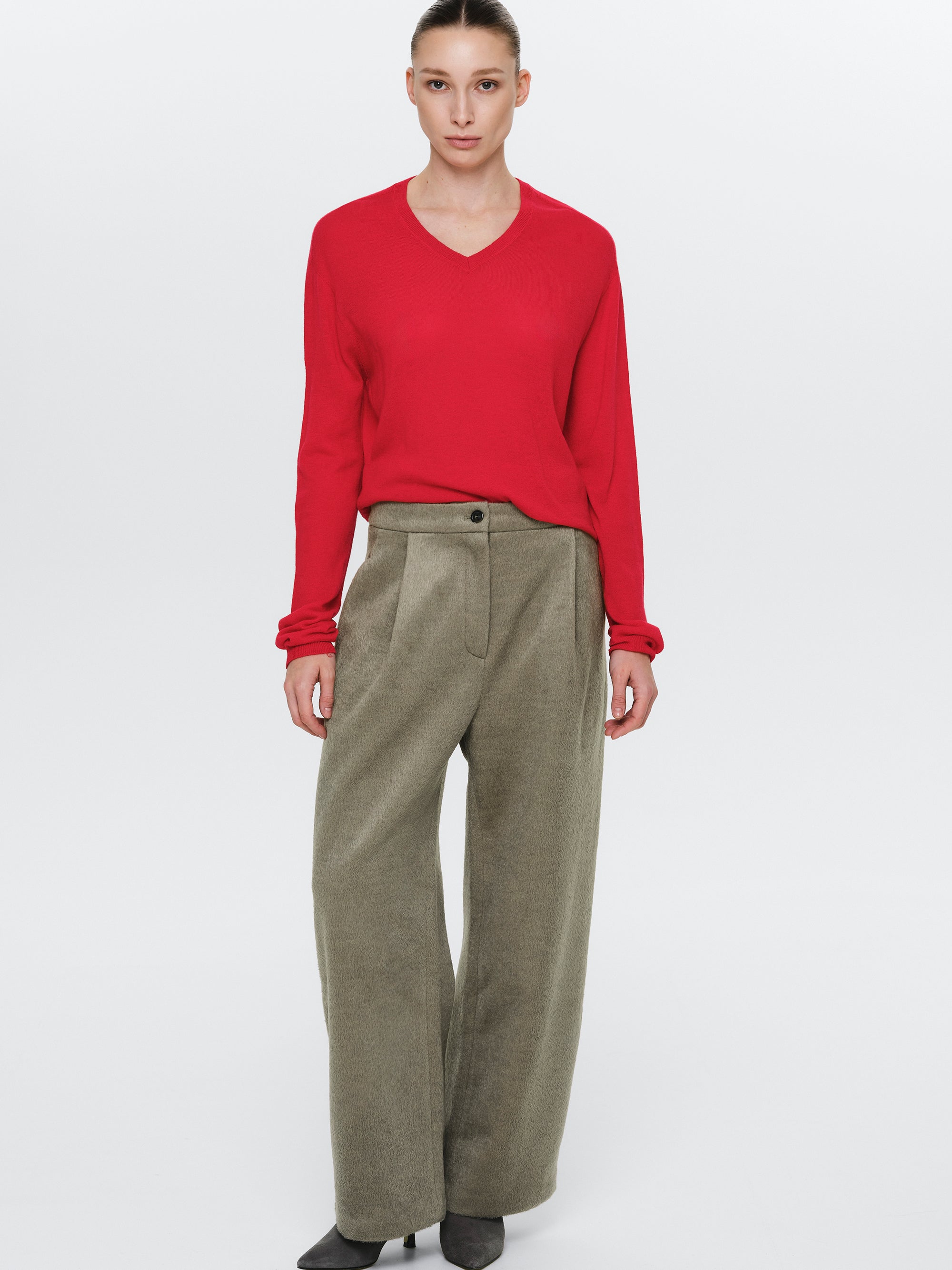 Brushed Wide Trousers, Beige