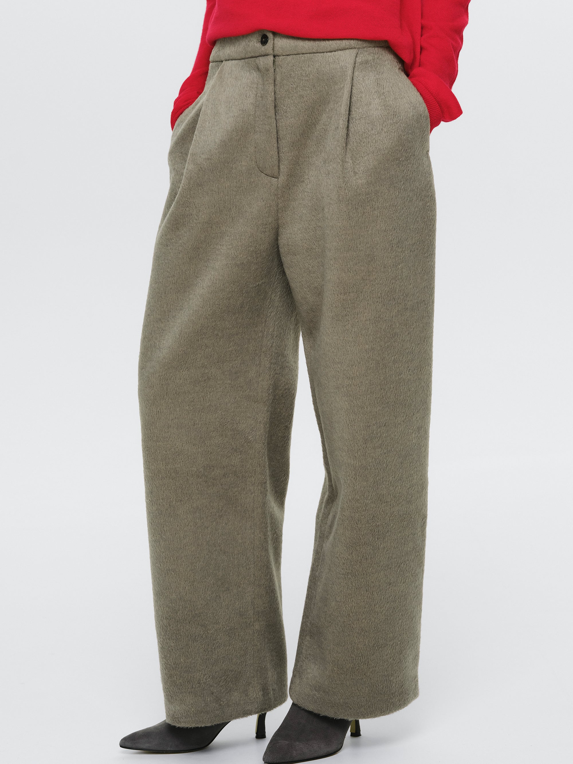 Brushed Wide Trousers, Beige