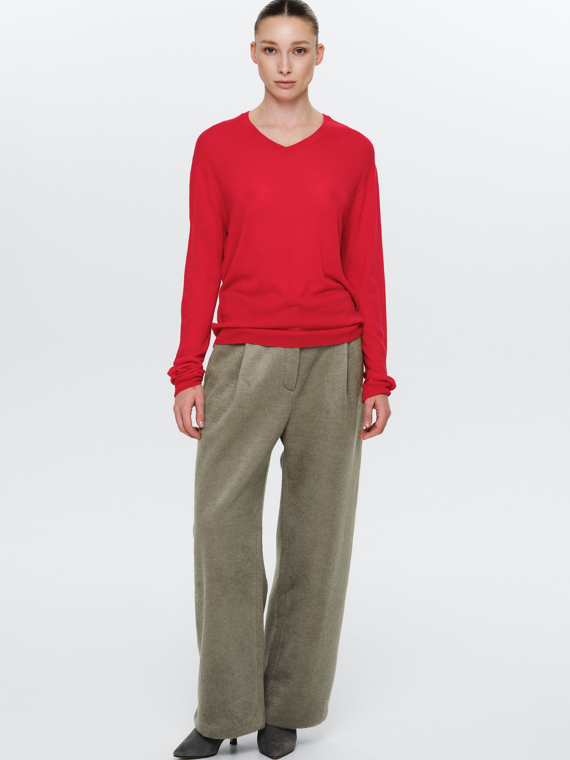 Merino Wool V-Neck Knit, Red