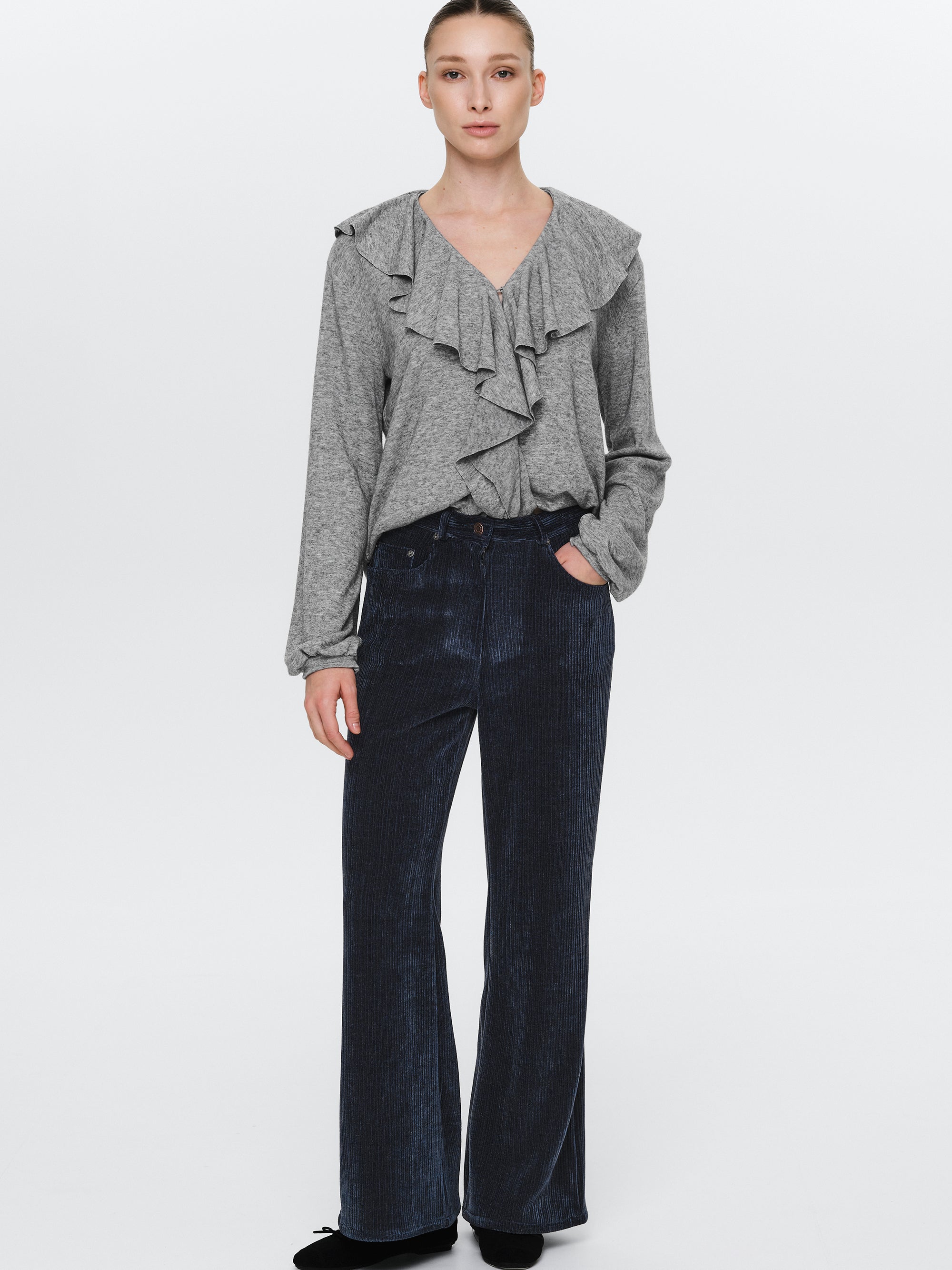 Flared Corduroy Velvet Pants, Navy