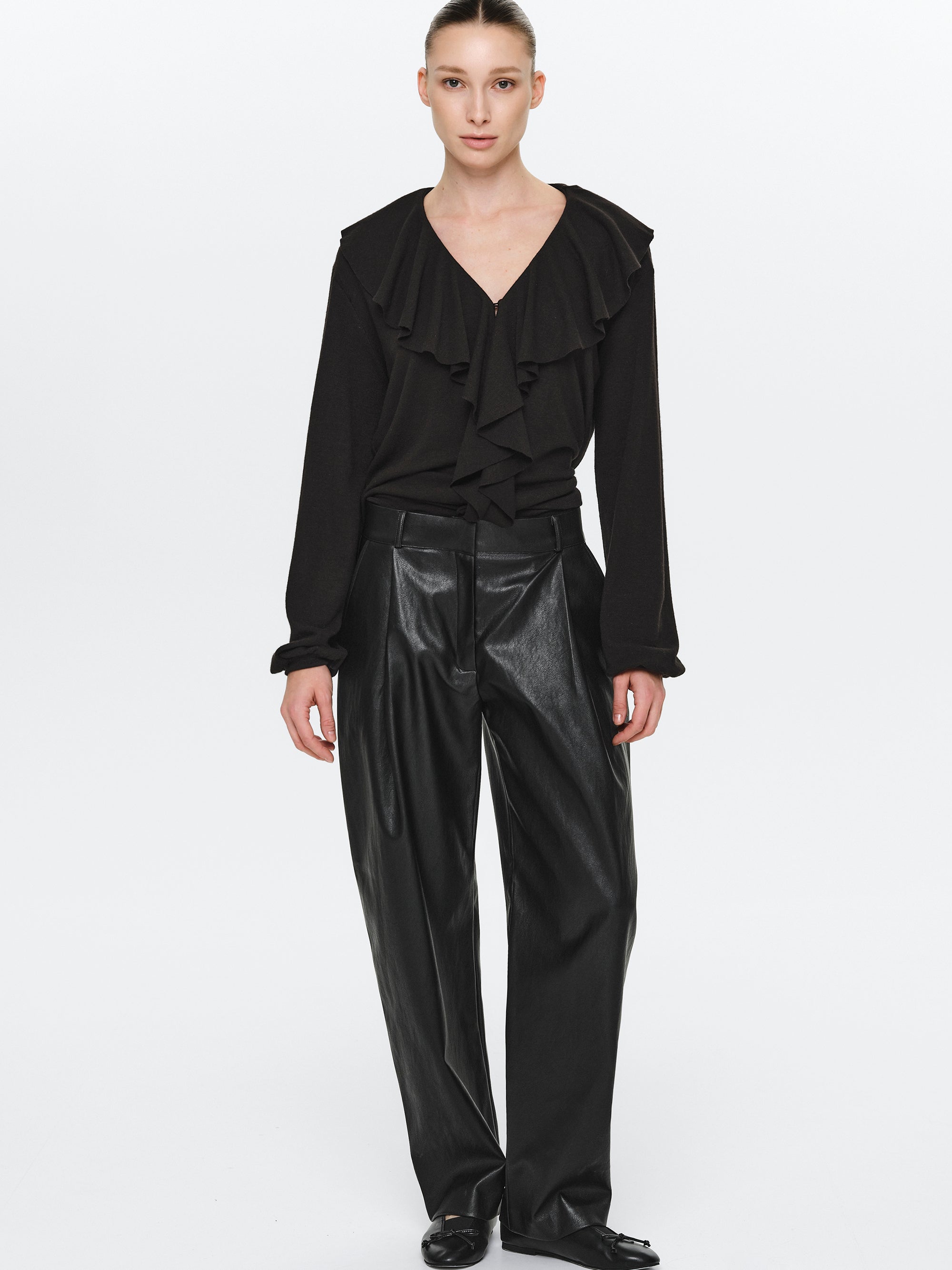 Faux-Leather Tapered Pants, Black