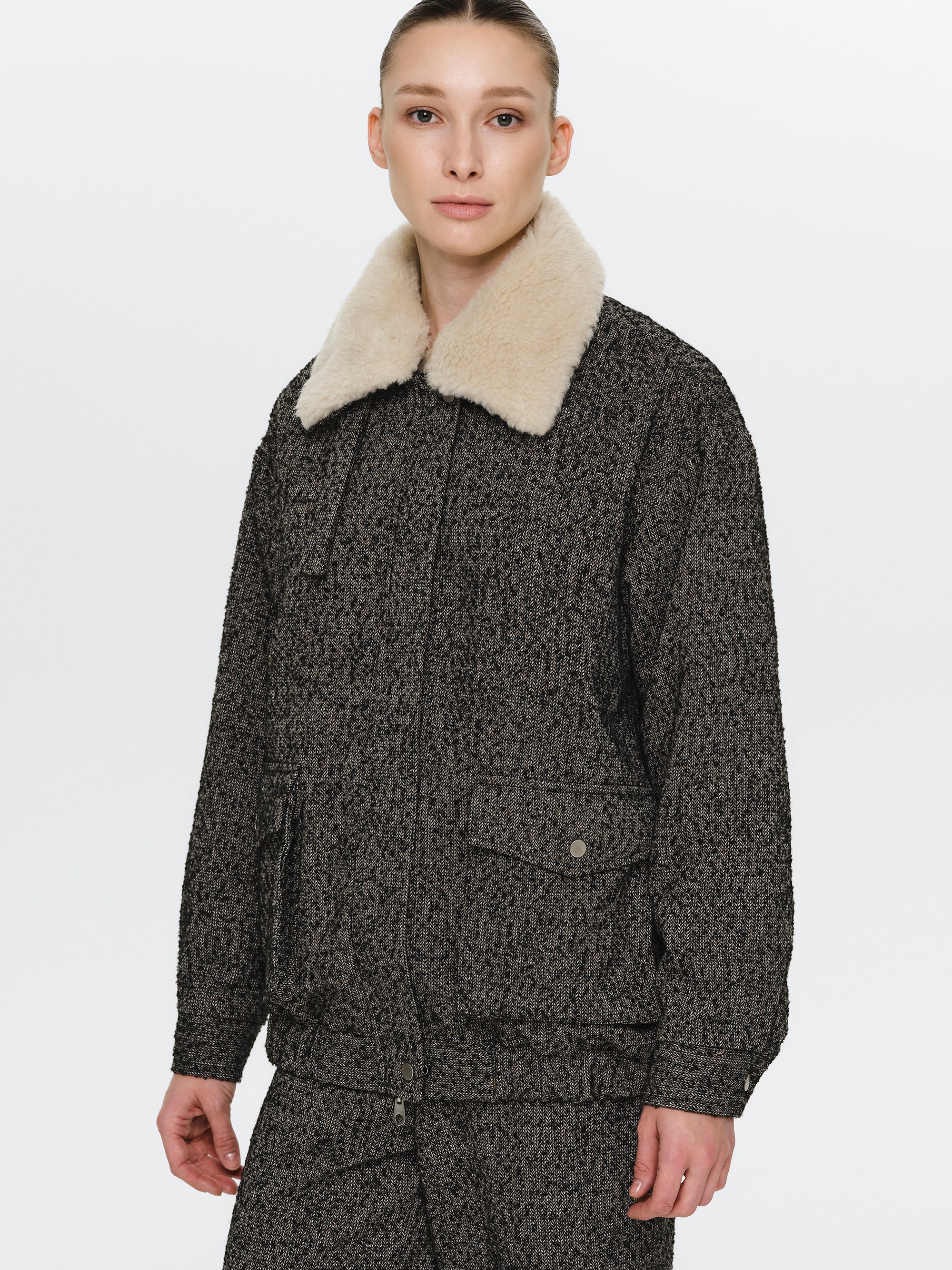 Shearling Collar Wool Bomber Jacket, Black