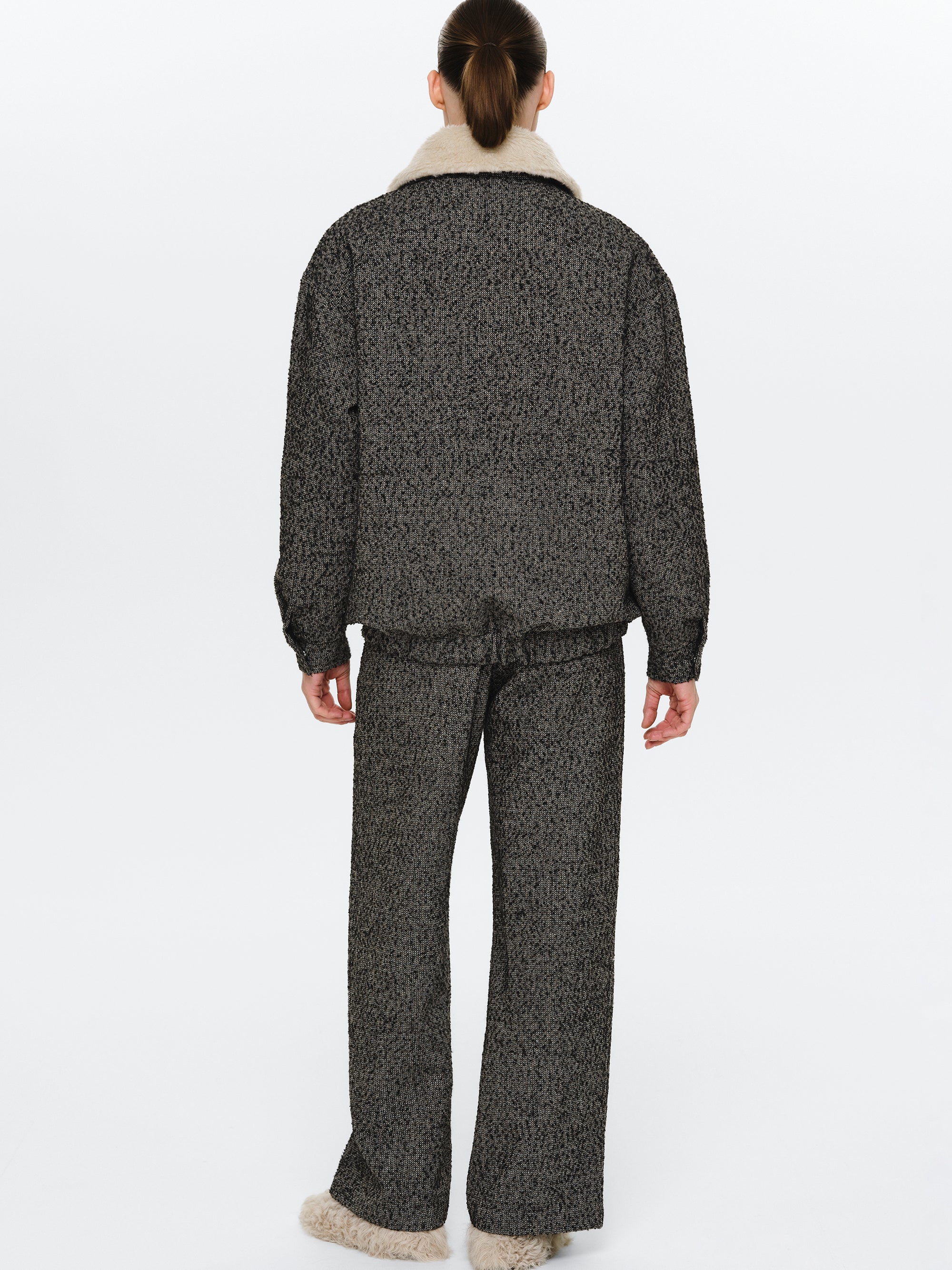 Shearling Collar Wool Bomber Jacket, Black