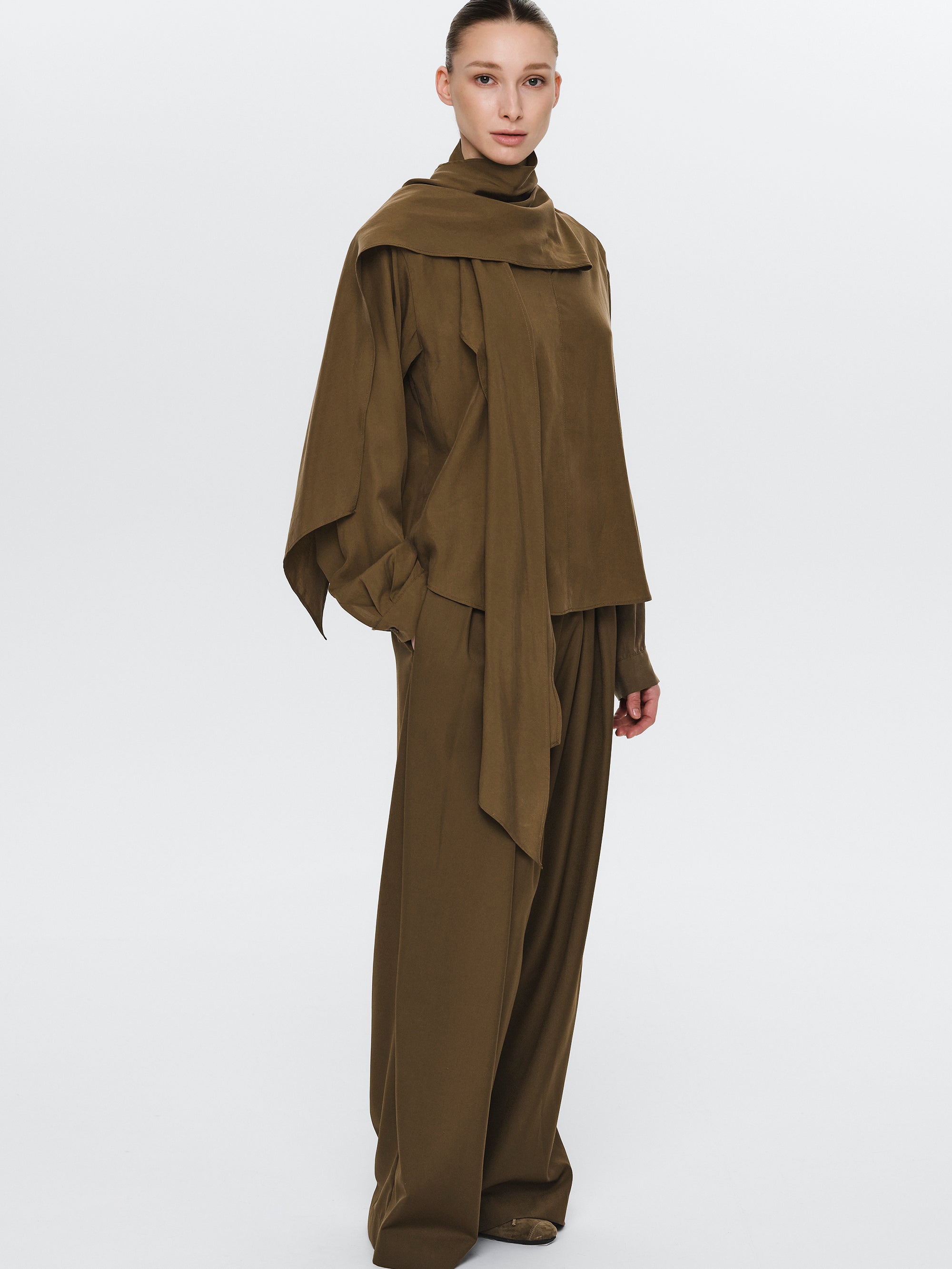 Scarf Tencel Blouse, Brown