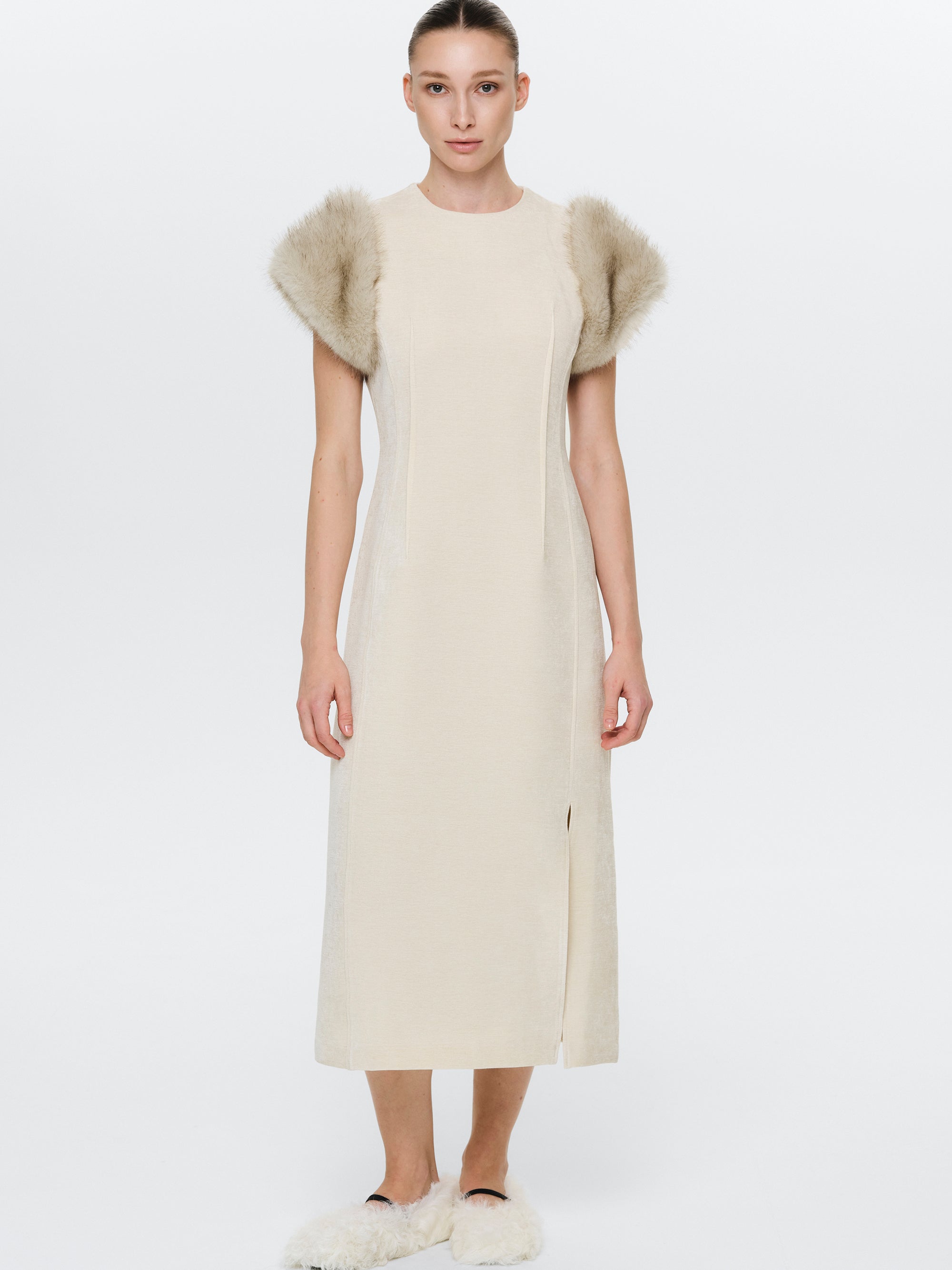 Faux-Fur Sleeve Dress, Beige