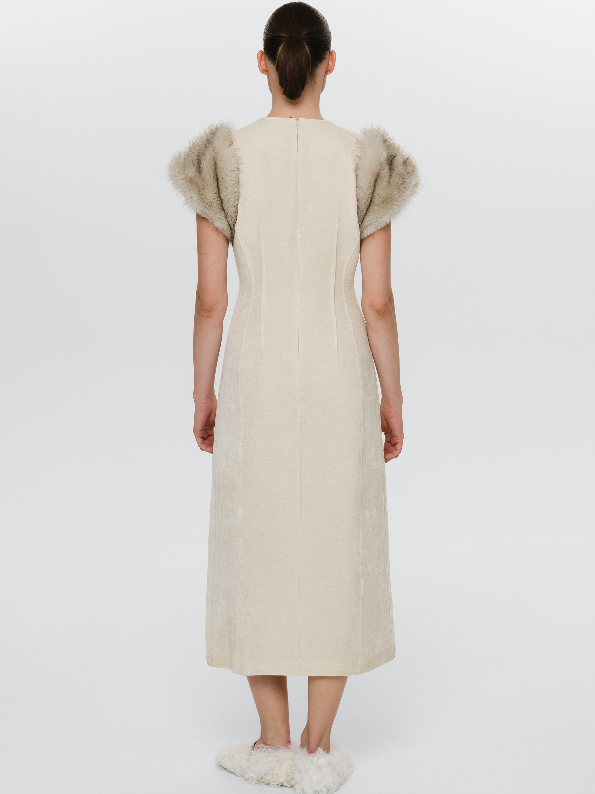 Faux-Fur Sleeve Dress, Beige