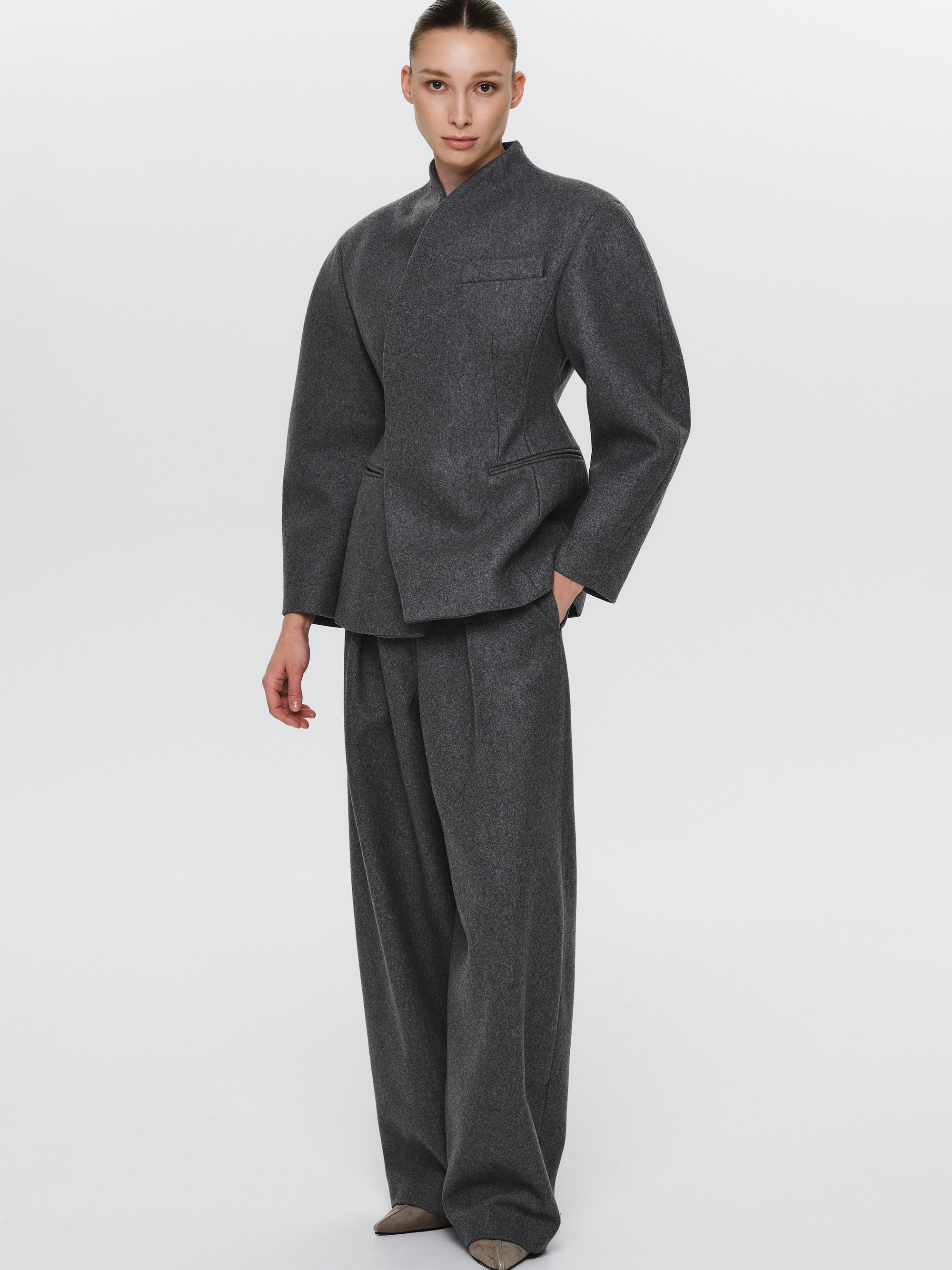 Curved Wool Felt Trousers, Charcoal