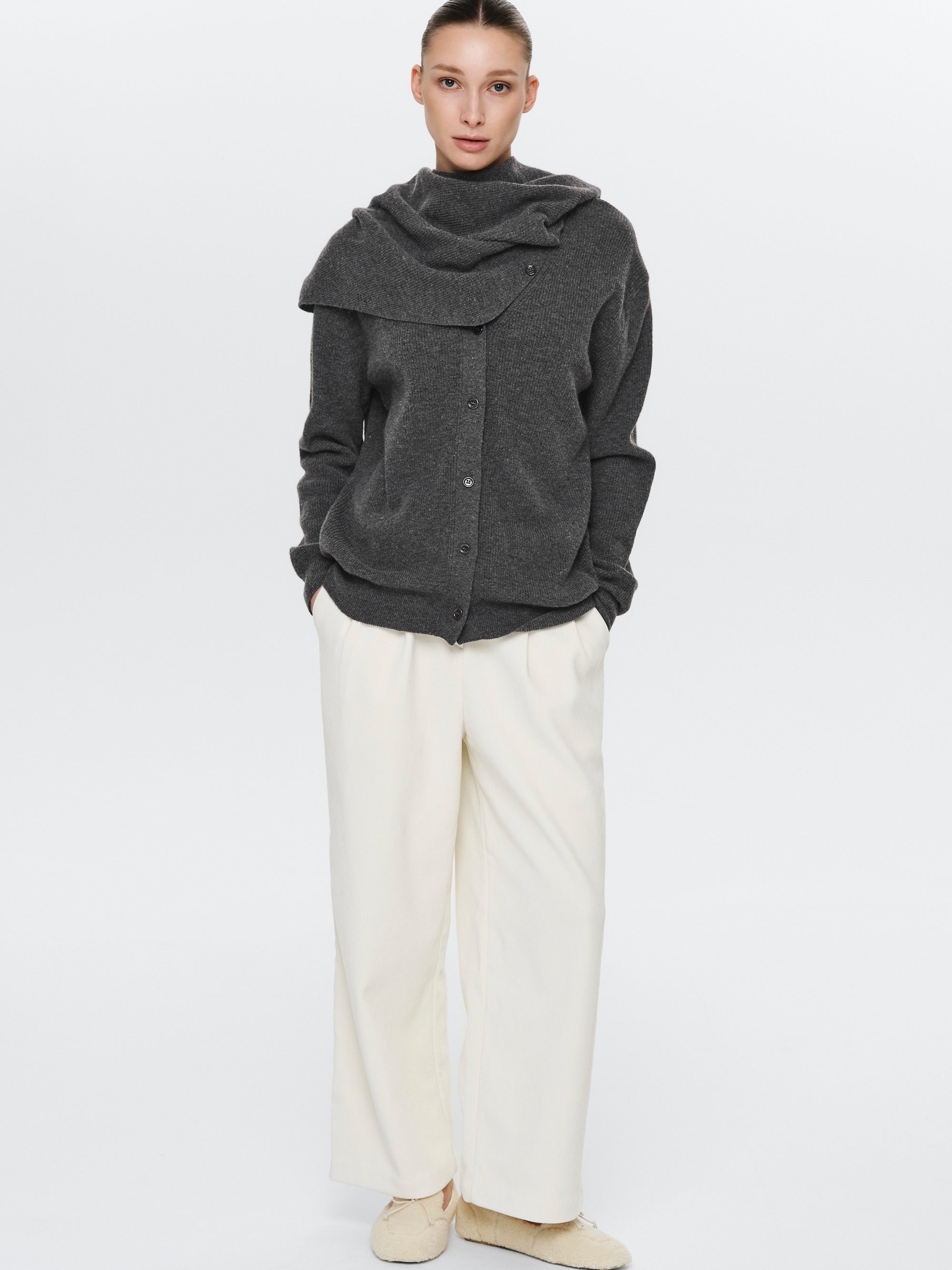 Scarf Button Sweater, Charcoal