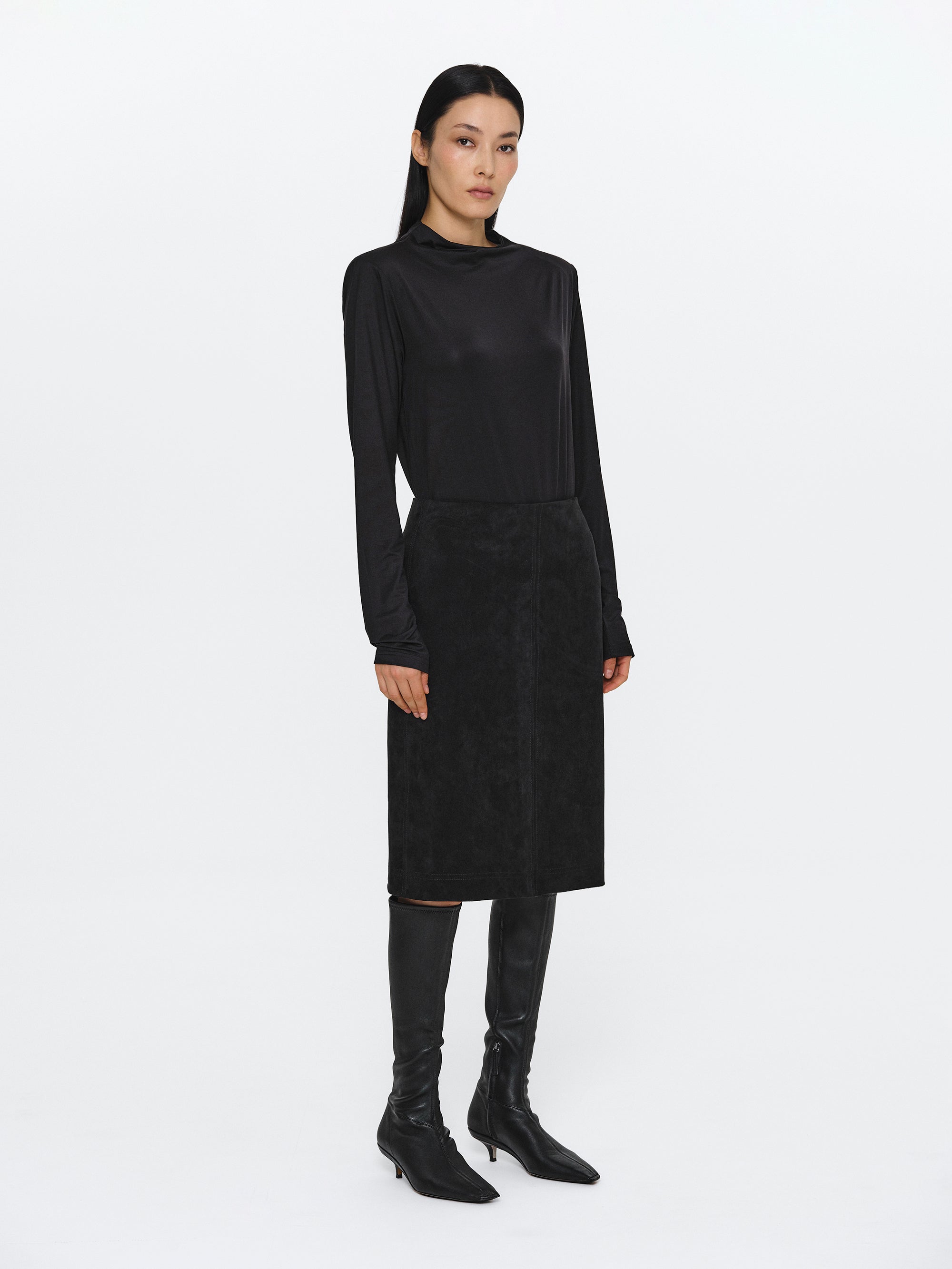 Faux Suede Midi Skirt, Black