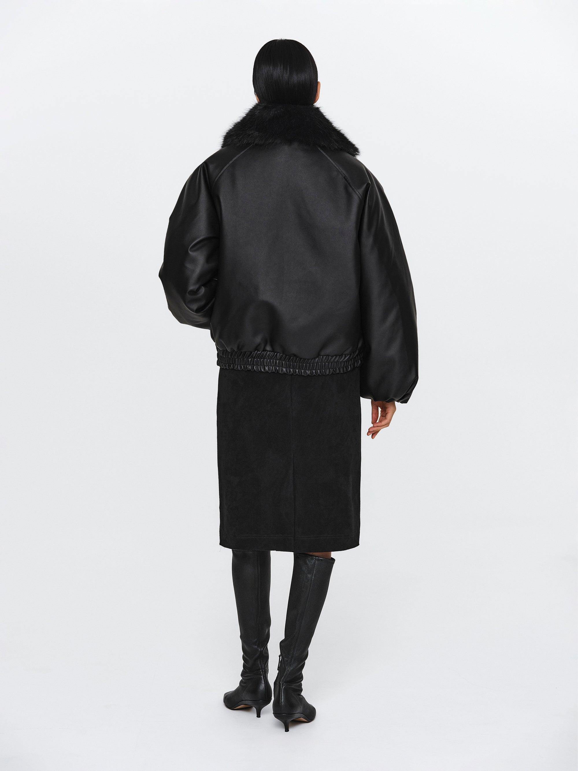 Faux Collar Leather Bomber, Black