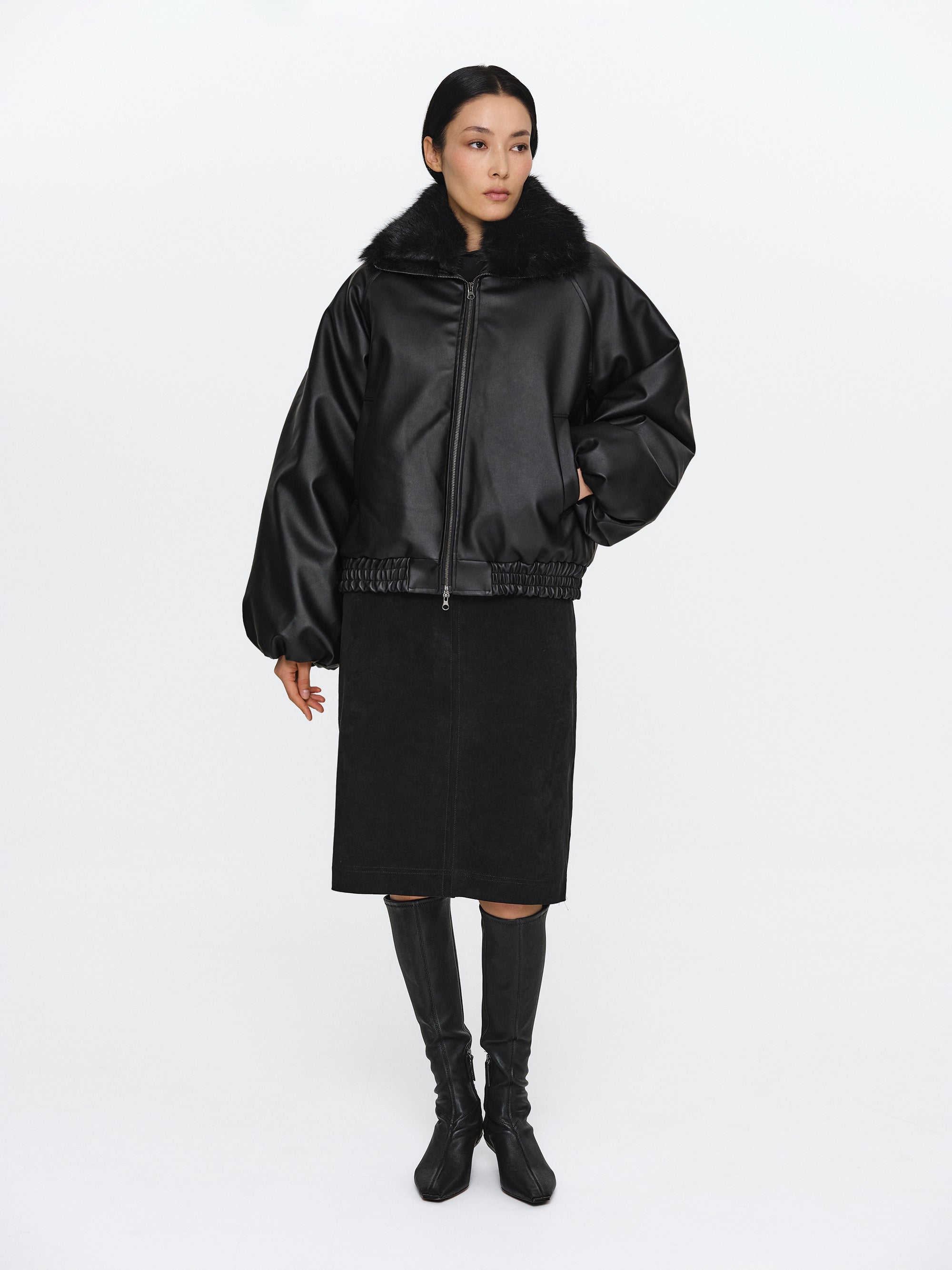 Faux Collar Leather Bomber, Black