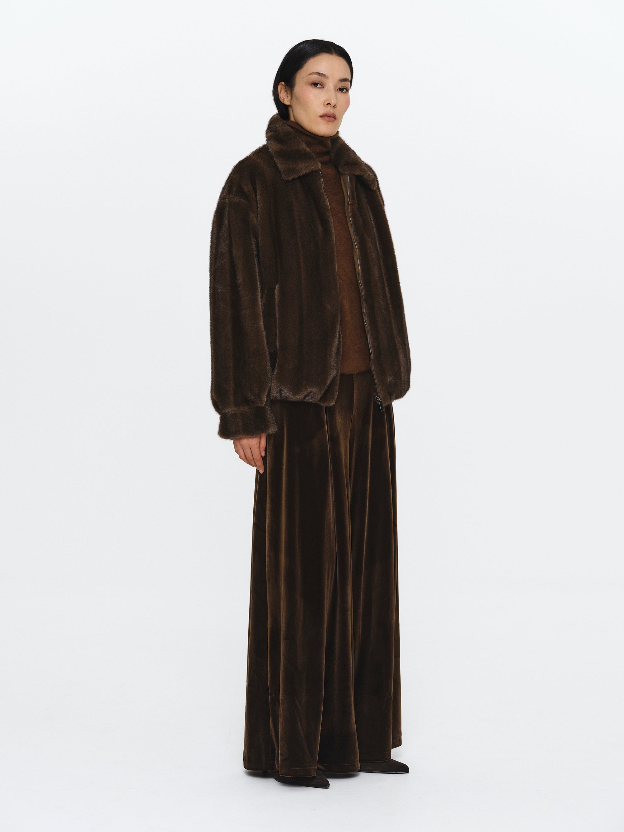 Faux-Fur Zip Bomber Jacket, Brown