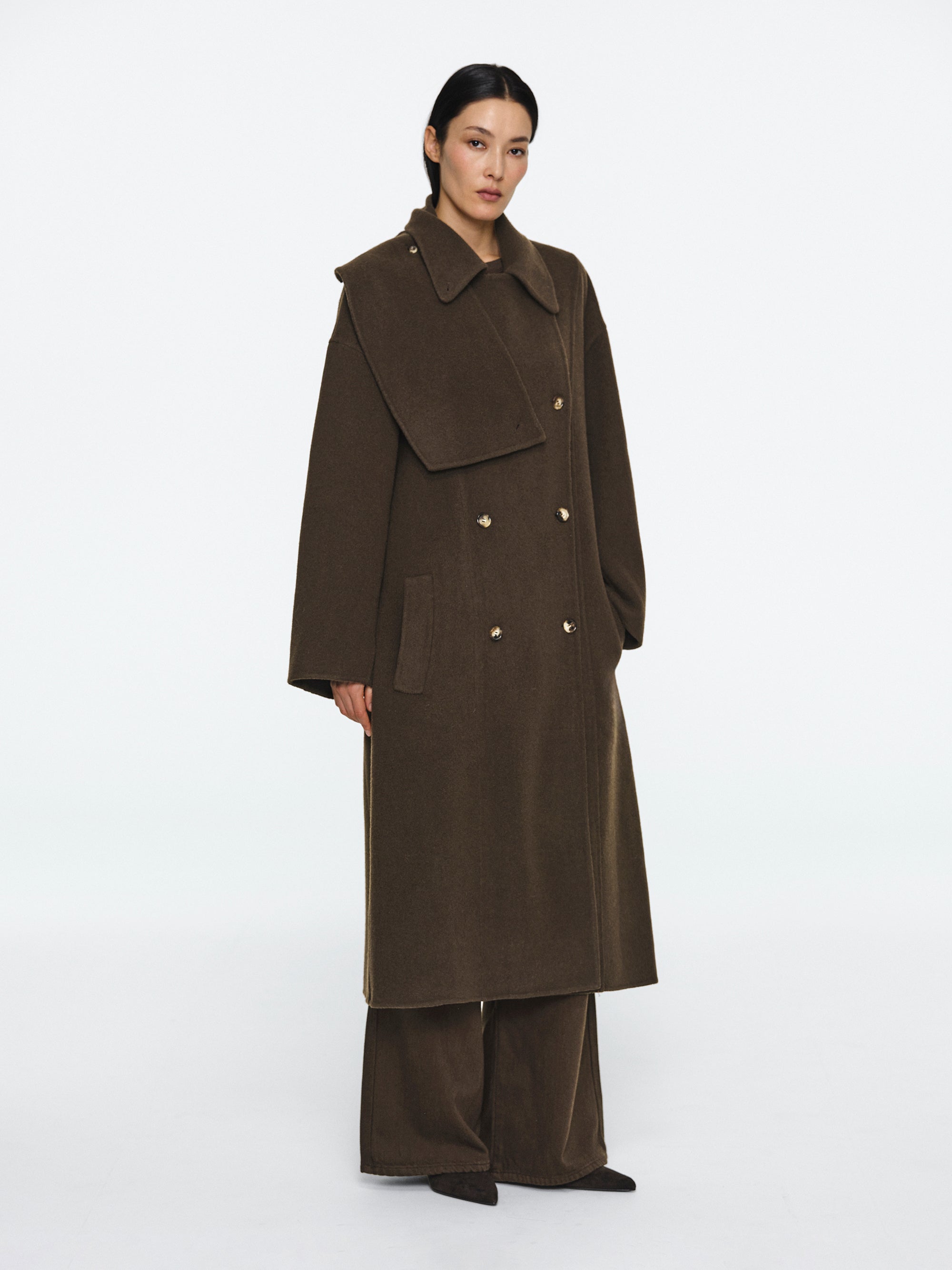 Funnel-Neck Wool Coat, Brown