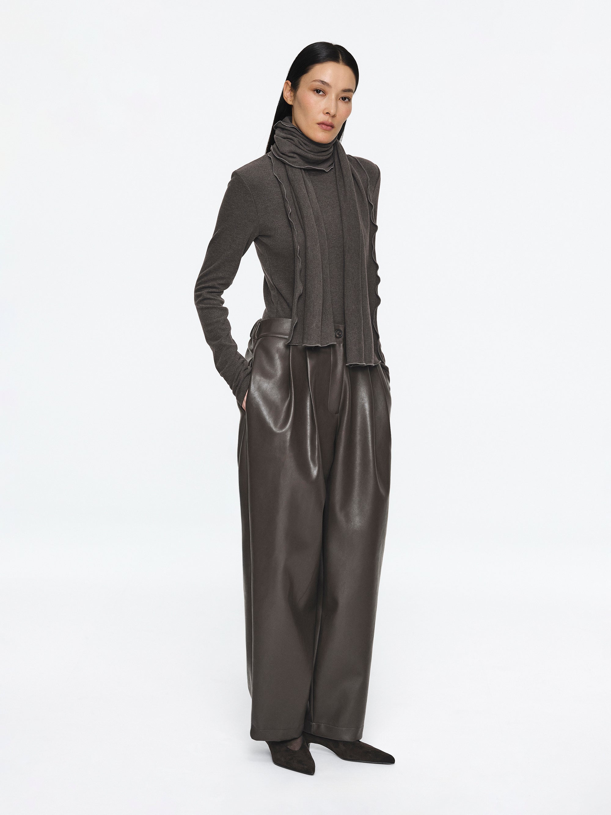 Pleated Faux-Leather Trousers, Brown