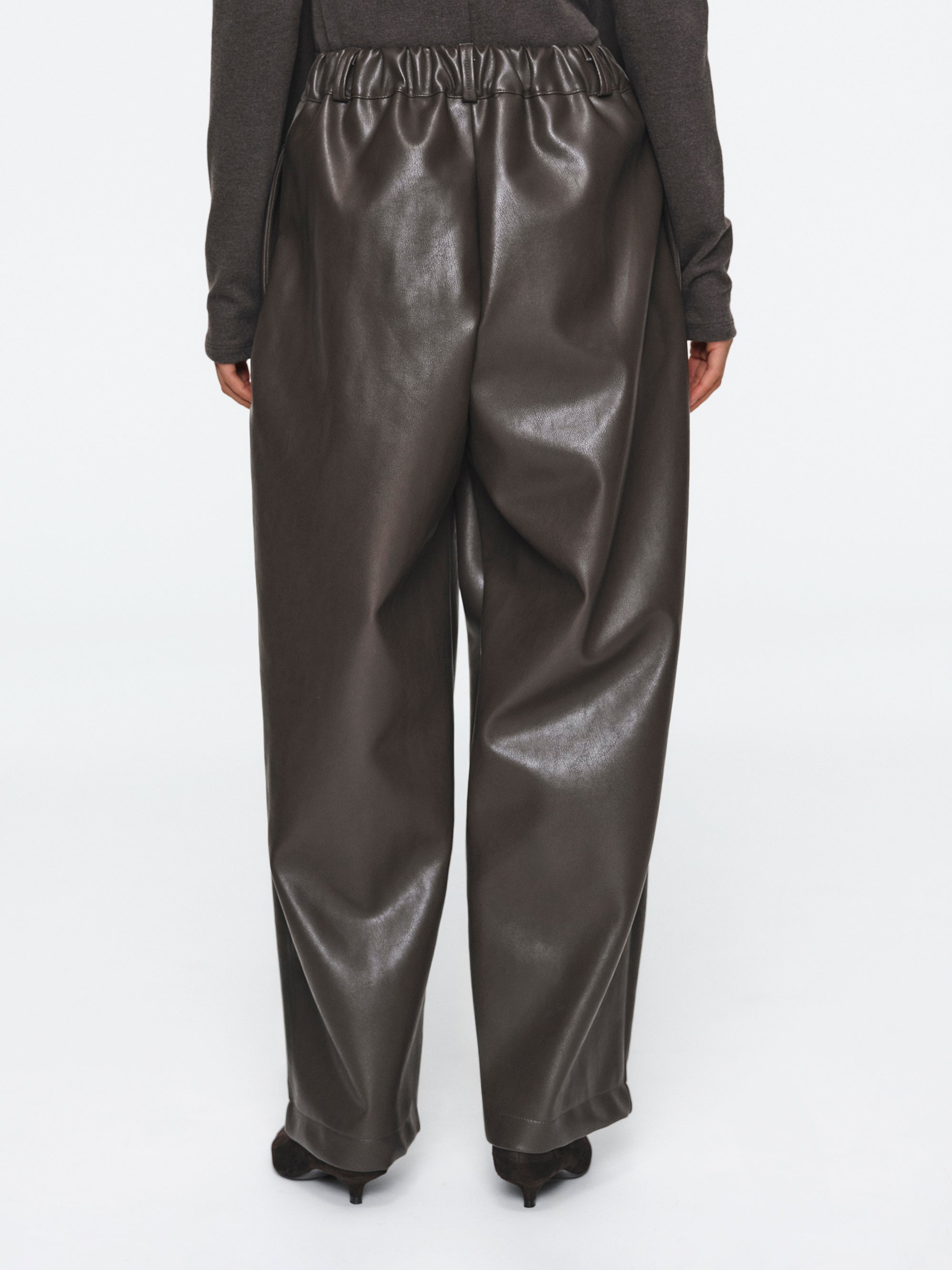 Pleated Faux-Leather Trousers, Brown