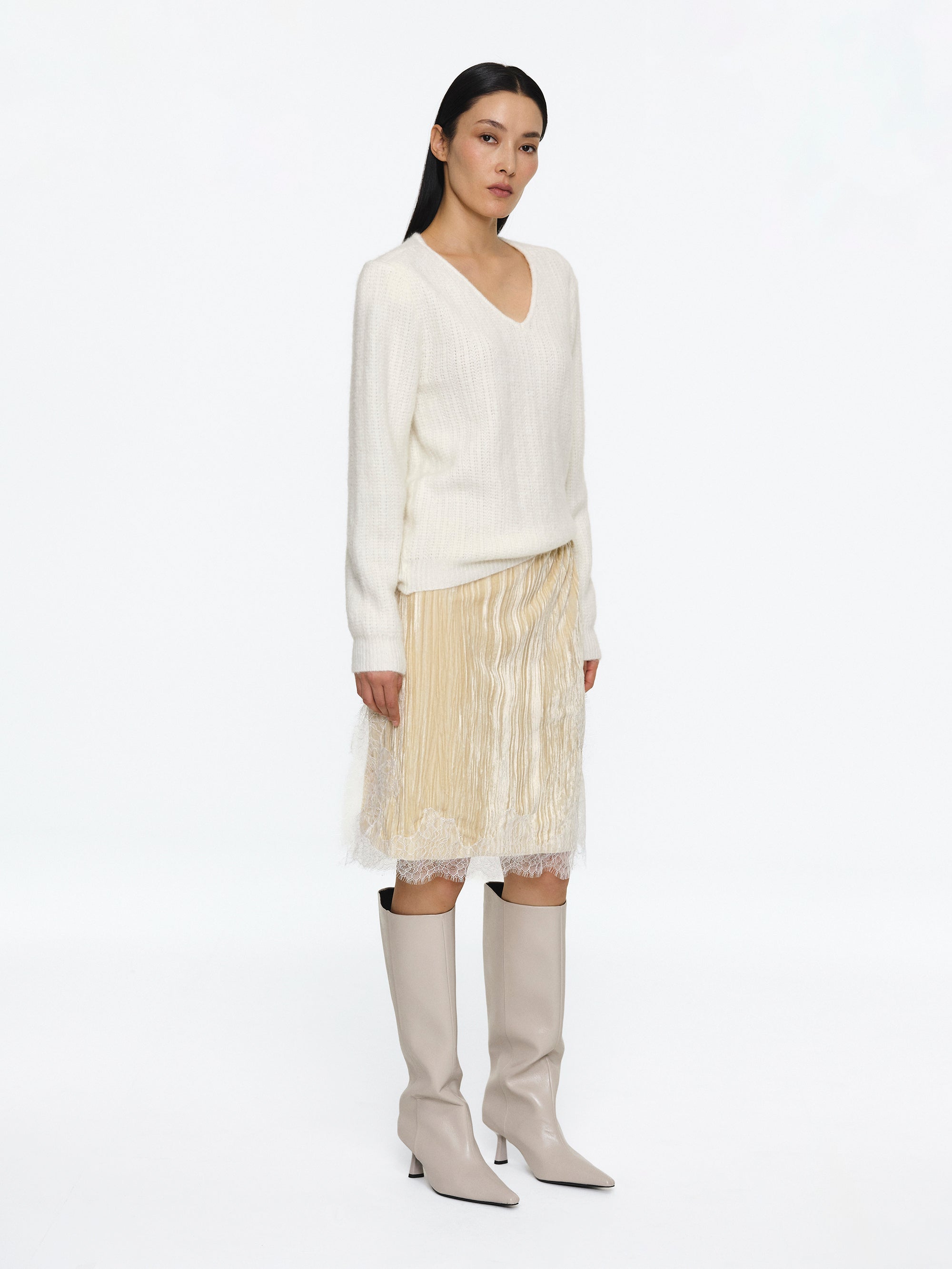 Padded Mohair V-Neck Knit, Ivory