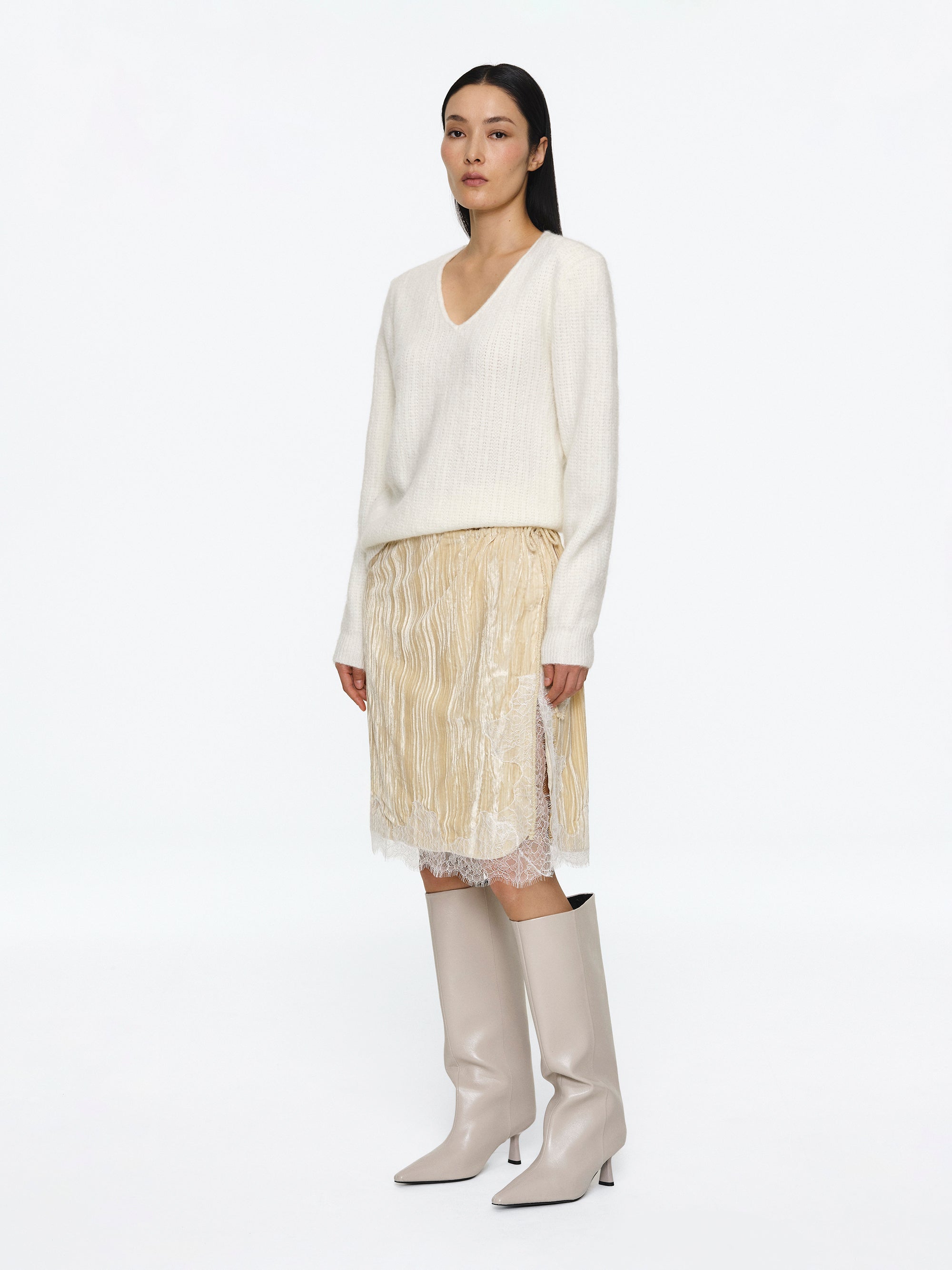 Lace-Trimmed Velvet Skirt, Beige