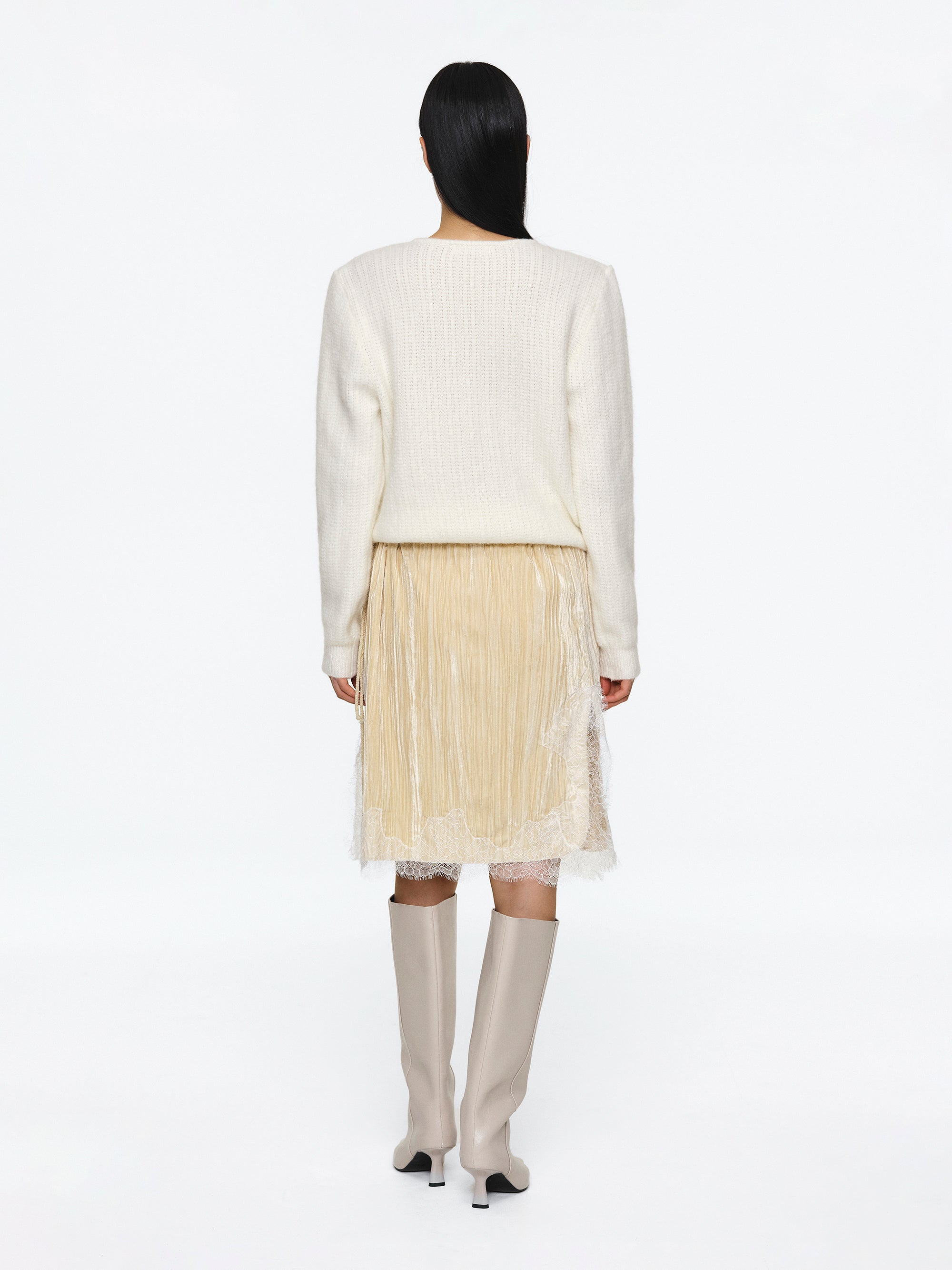 Lace-Trimmed Velvet Skirt, Beige