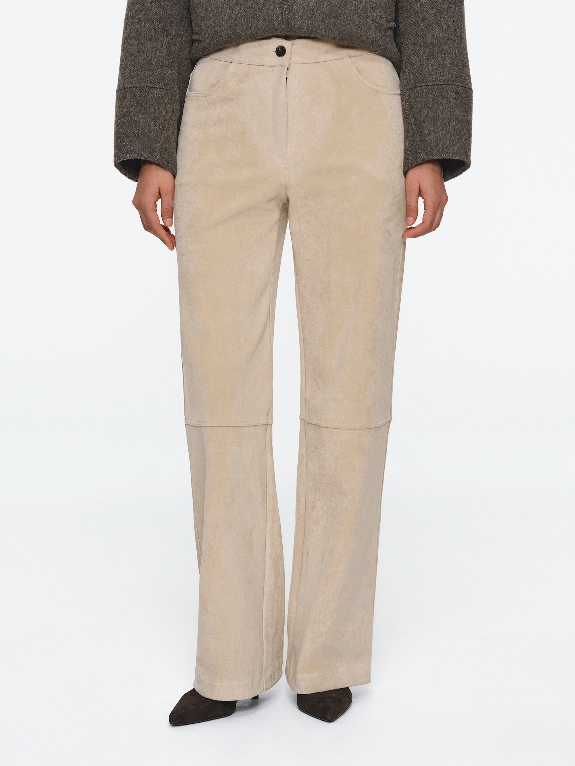 Faux Suede Paneled Trousers, Nude