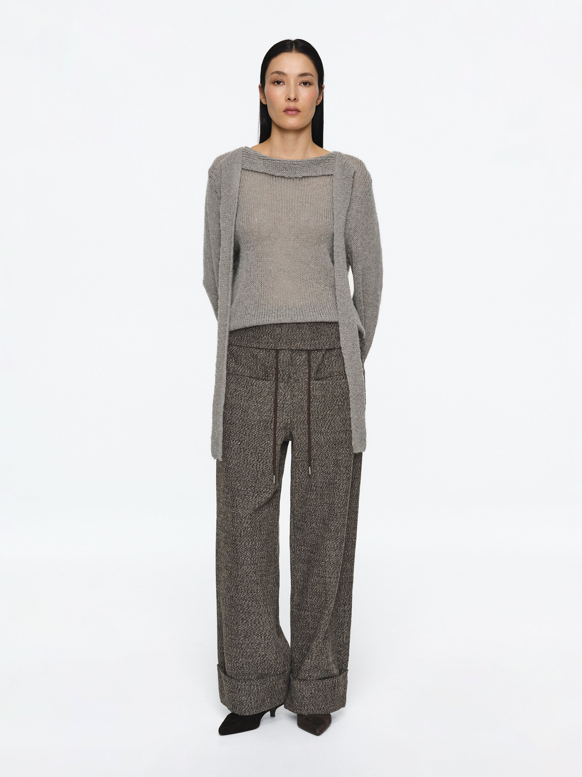 Foldover Drawstring Trousers, Brown