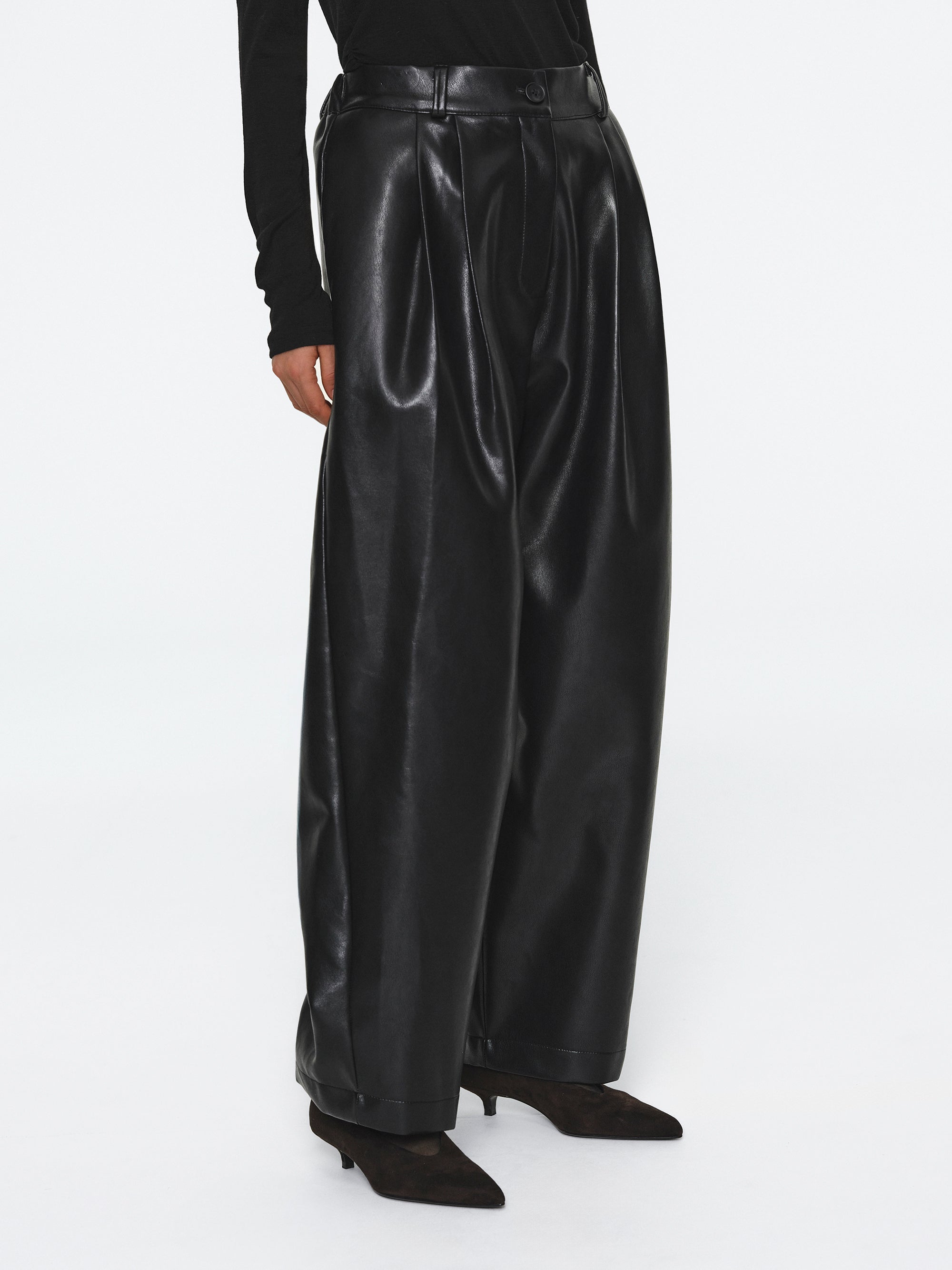 Pleated Faux-Leather Trousers, Black