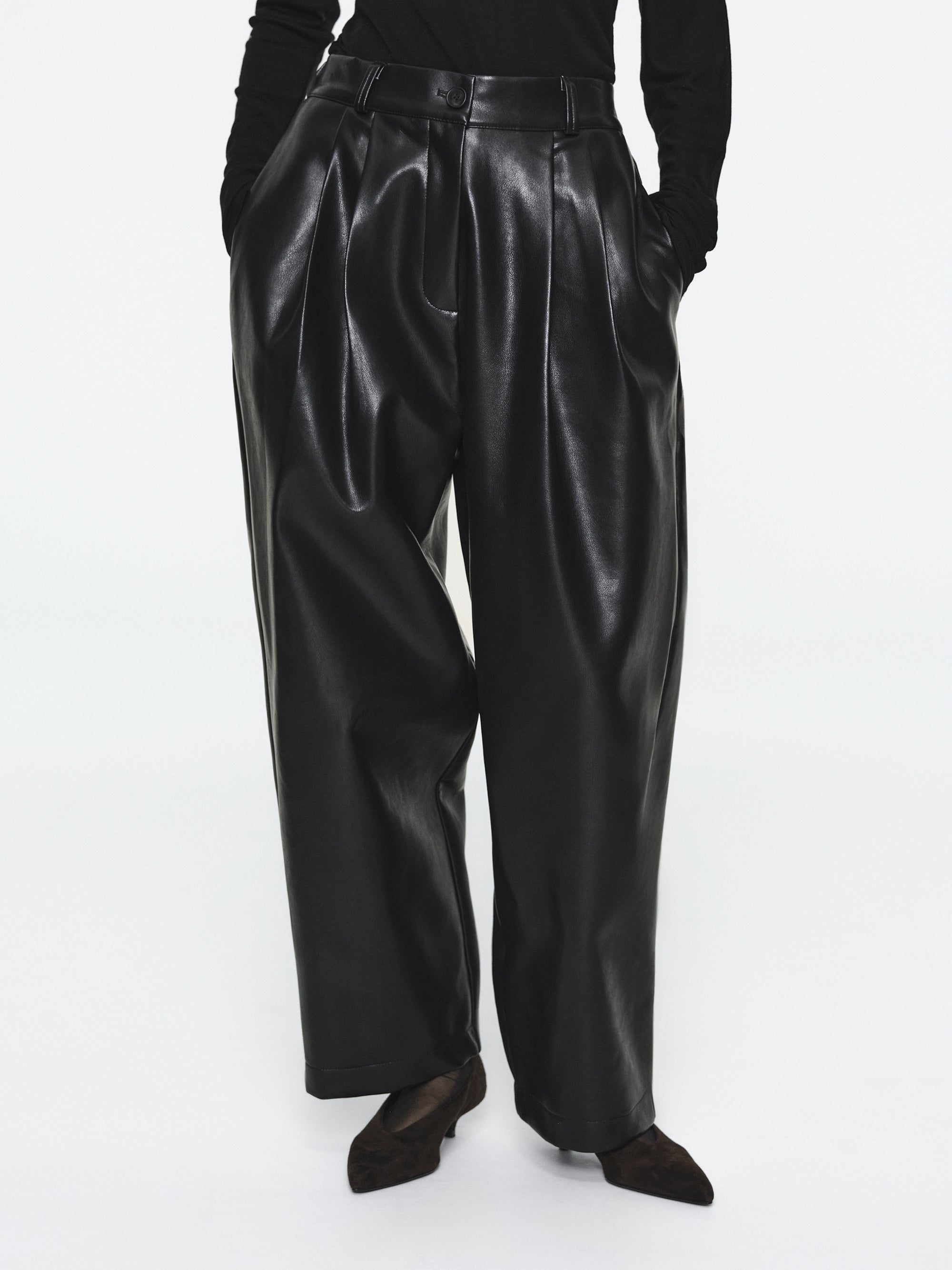Pleated Faux-Leather Trousers, Black