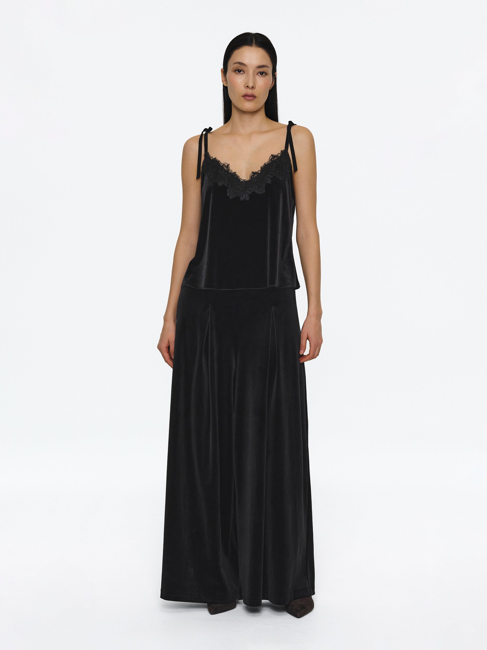 Lace-Trimmed Velvet Top, Black