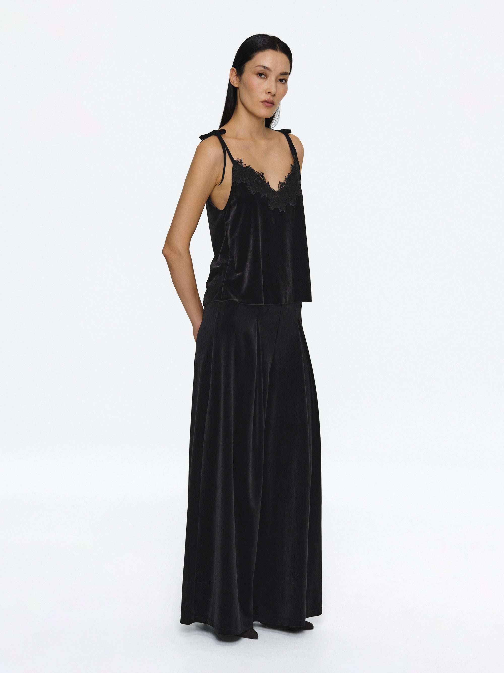 Wide-Leg Velvet Trousers, Black