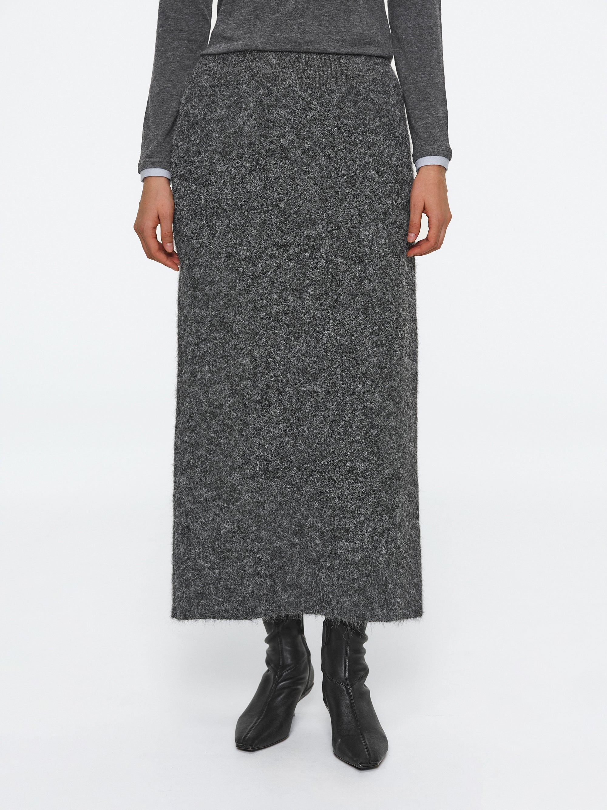 Brushed Knit Cardigan & Skirt Set, Charcoal