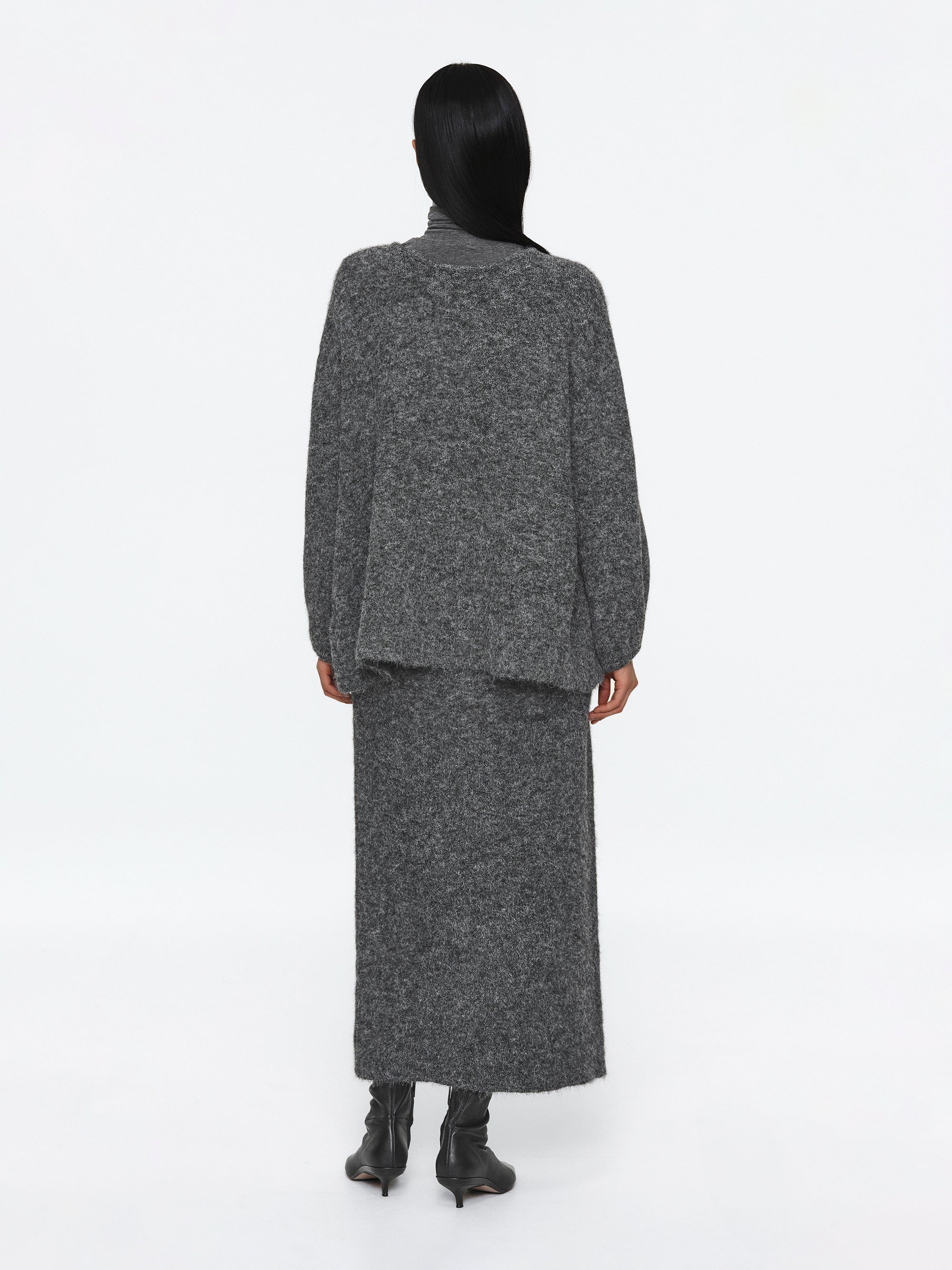 Brushed Knit Cardigan & Skirt Set, Charcoal