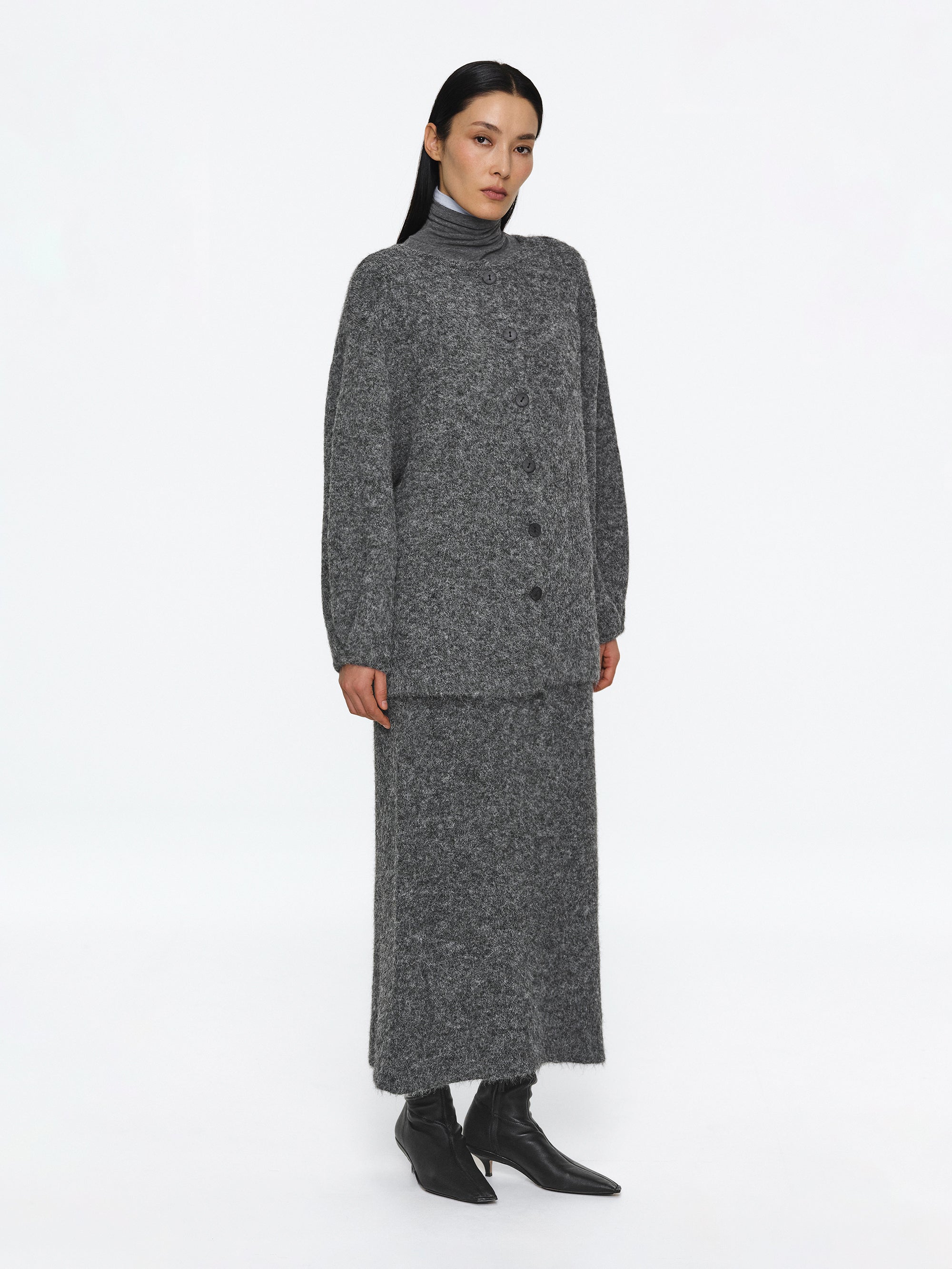 Brushed Knit Cardigan & Skirt Set, Charcoal