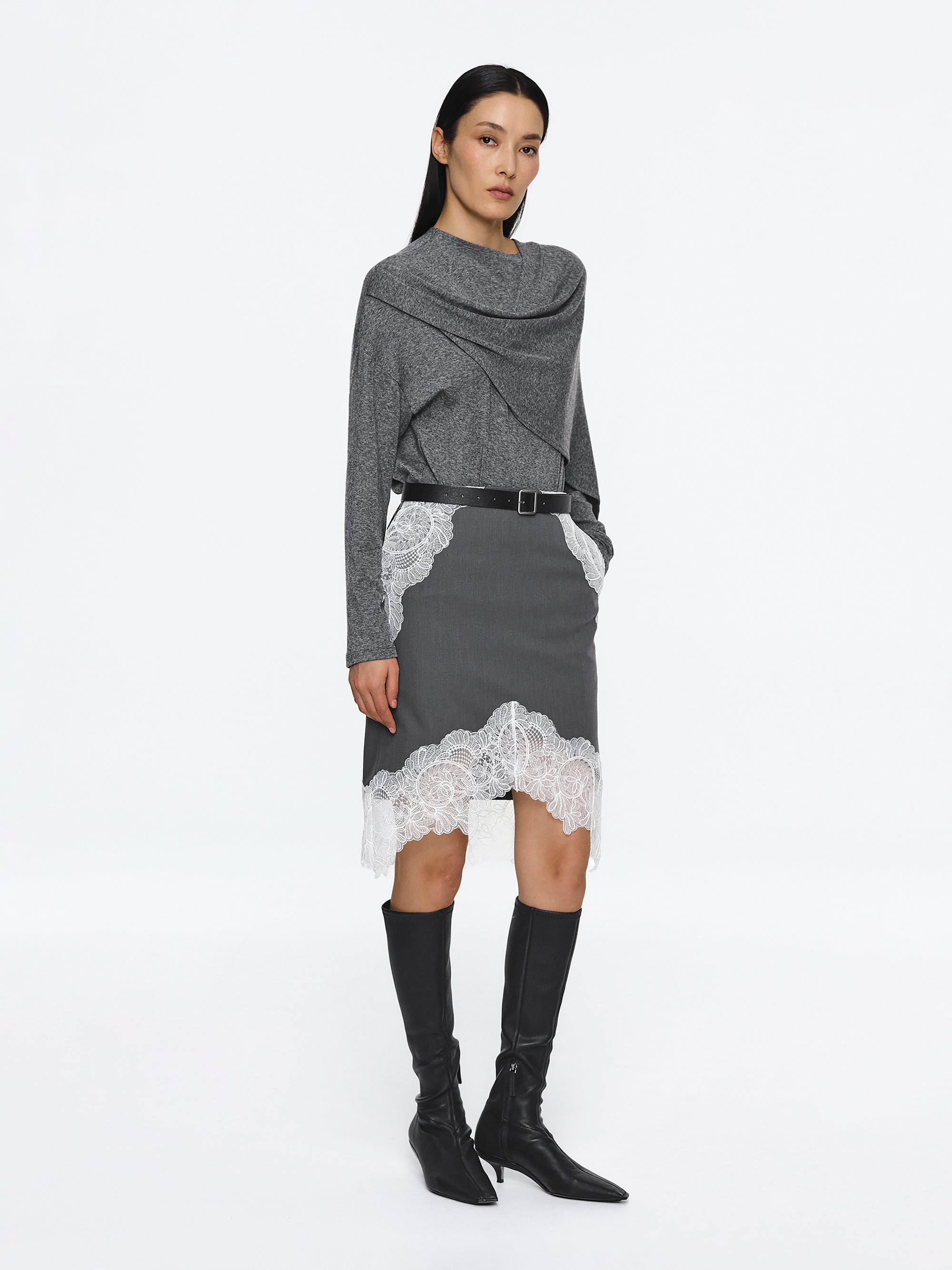 Lace-Panel Belted Skirt, Grey