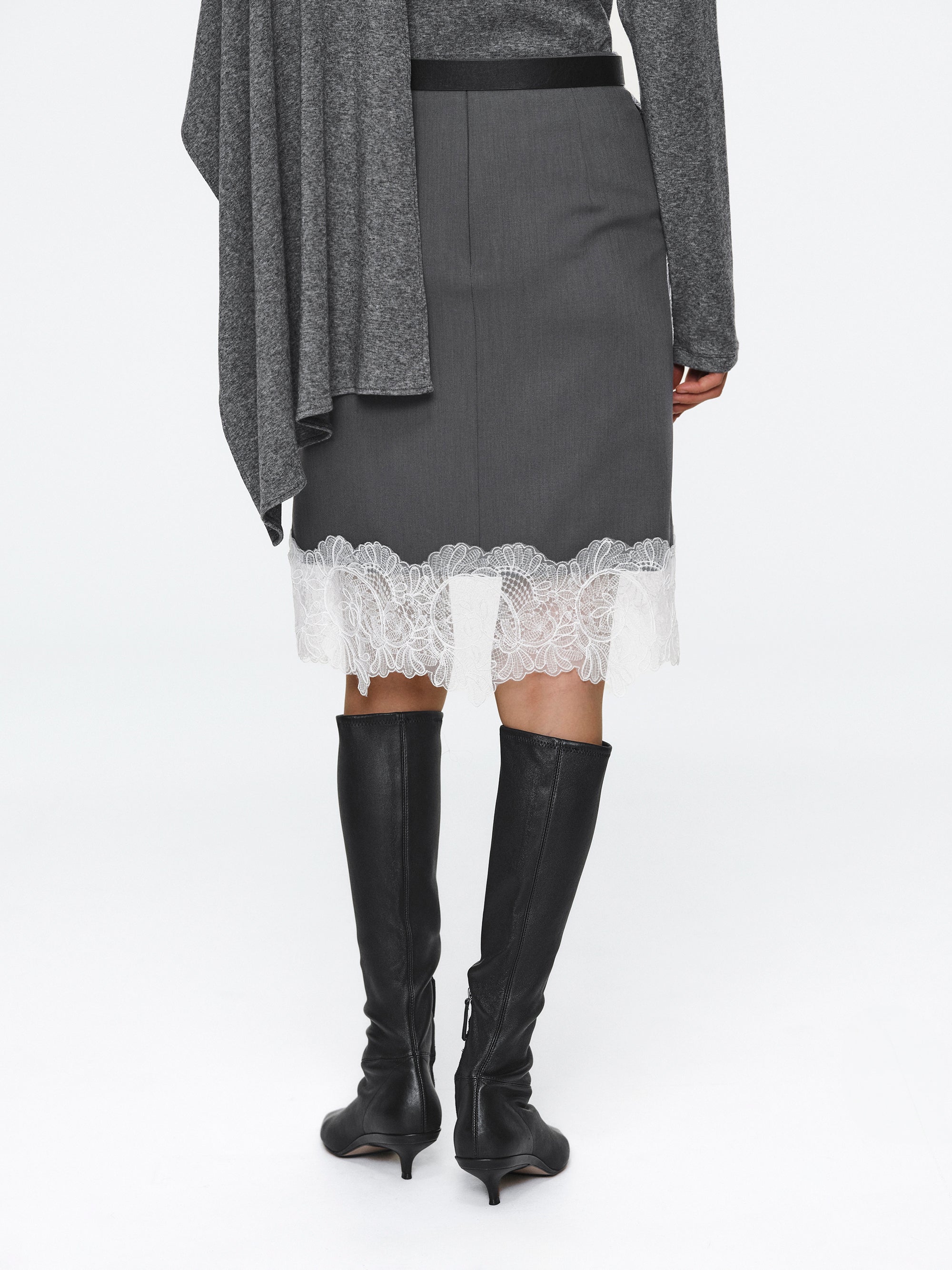 Lace-Panel Belted Skirt, Grey