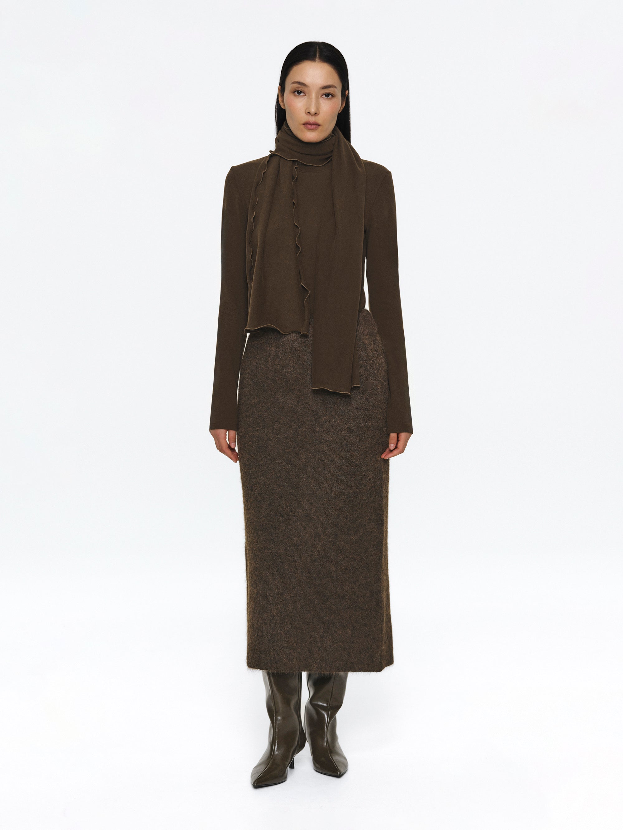 Brushed Knit Cardigan & Skirt Set, Brown