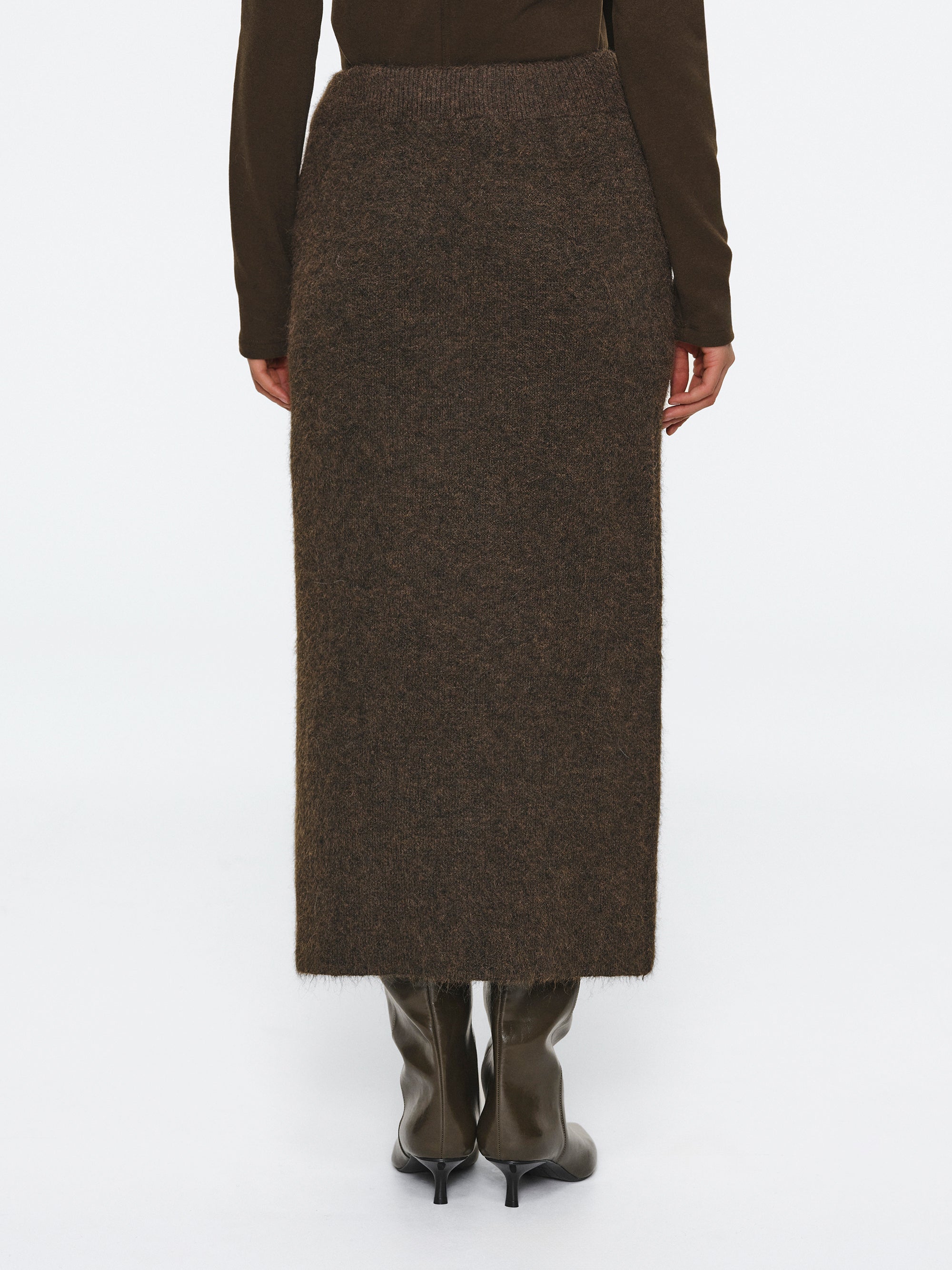 Brushed Knit Cardigan & Skirt Set, Brown