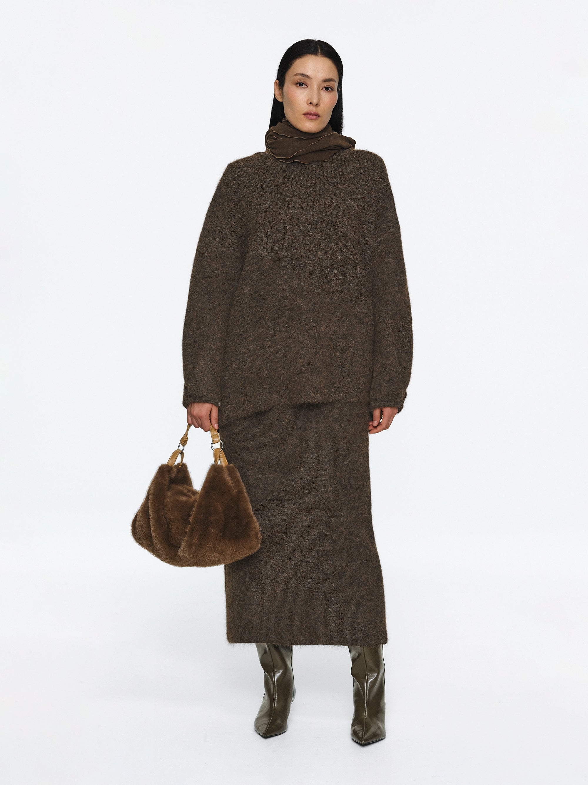 Brushed Knit Cardigan & Skirt Set, Brown