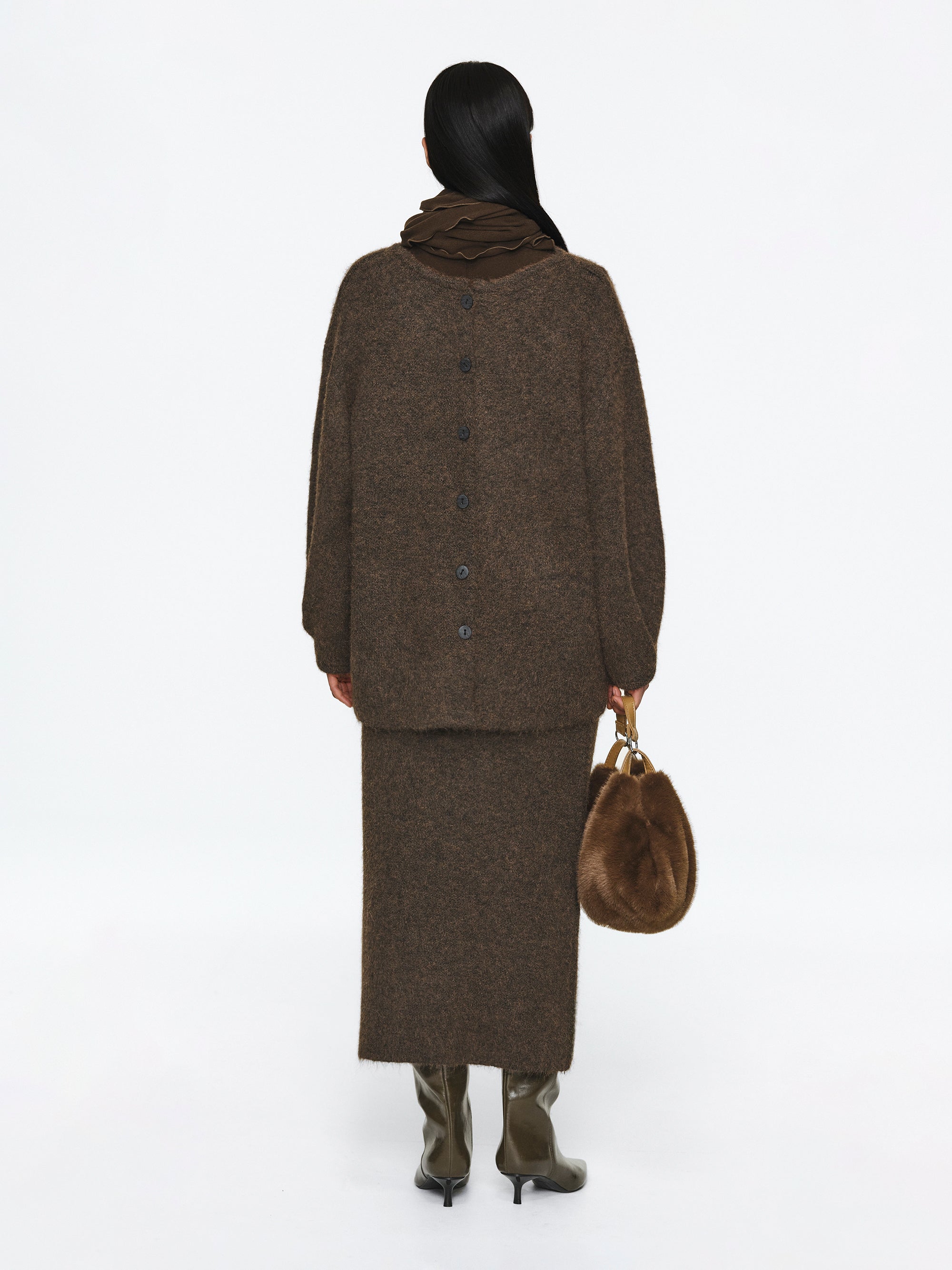 Brushed Knit Cardigan & Skirt Set, Brown